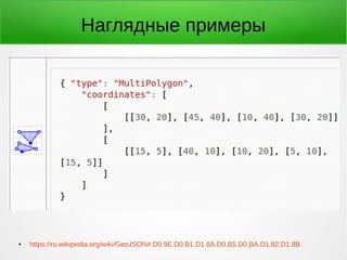 Наглядные примеры
● https://ru.wikipedia.org/wiki/GeoJSON#.D0.9E.D0.B1.D1.8A.D0.B5.D0.BA.D1.82.D1.8B
 