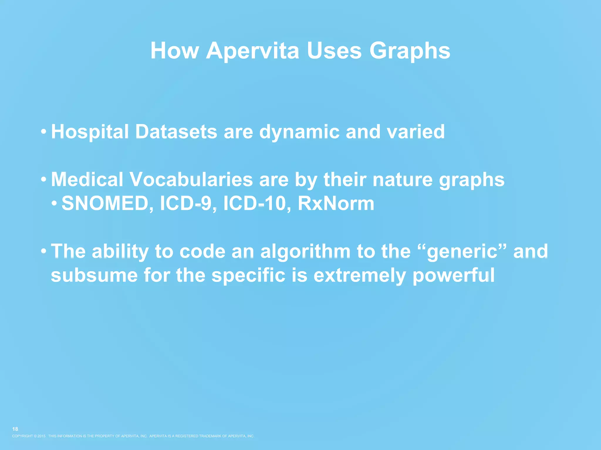 COPYRIGHT © 2015. THIS INFORMATION IS THE PROPERTY OF APERVITA, INC. APERVITA IS A REGISTERED TRADEMARK OF APERVITA, INC.
18
How Apervita Uses Graphs
• Hospital Datasets are dynamic and varied
• Medical Vocabularies are by their nature graphs
• SNOMED, ICD-9, ICD-10, RxNorm
• The ability to code an algorithm to the “generic” and
subsume for the specific is extremely powerful
 