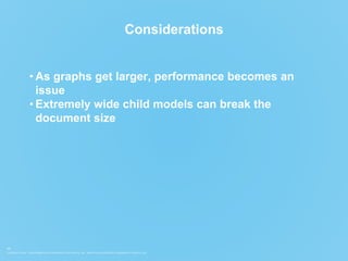 COPYRIGHT © 2015. THIS INFORMATION IS THE PROPERTY OF APERVITA, INC. APERVITA IS A REGISTERED TRADEMARK OF APERVITA, INC.
17
Considerations
• As graphs get larger, performance becomes an
issue
• Extremely wide child models can break the
document size
 