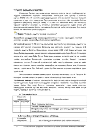 ТУРШИЛТ СУРГАЛТЫН ҮНЭЛГЭЭ
      Сурагчдын бүтээлч сэтгэлгээ задлан шинжлэх, нэгтгэн дүгнэх, шийдвэр гаргах,
асуудал шийдвэрлэх чадварыг хөгжүүлэхэд чиглэгдсэн арга зүйгээр БСШУЯ-ны
харъяа МОХС-ийн 3-4-р ангийн сурагчдад мэдээлэл зүйн хичээлийг явуулсан туршилт
сургалтын үр дүнг доор толилуулав. Тус сургууль нь мэдээлэл зүйн хичээлийг ОХУ-ын
сургалтын програмаар явуулдаг бөгөөд 2007-2008 оны хичээлийн жилд бага анги дээр
туршилт сургалтыг явуулсан нь сургалтын хөтөлбөрт дэвшүүлсэн сурах сургах үйл
ажиллагааны зарчмуудыг бүрэн хэрэгжүүлэх боломжтой нь батлагдсан юм. Энд жишээ
болгож нэг хичээлийн үнэлгээг үзүүлье.

       Сэдэв: “Үлгэрийн агуулгыг зургаар илэрхийлэх”

Заавал байх шаардлагатай хэрэглэгдэхүүн: Сурагч болгон зураг зурах, тексттэй
ажиллах програм хангамж бүхий нэг компьютертэй байх.

Арга зүй: Дунджаар 10-15 минутад компьютер ашиглан бичиж амжихаар, агуулгыг нь
зургаар ойлгомжтой илэрхийлж болохуйц, нас сэтгэхүйн онцлогт нь тохирсон 2-3
үлгэрийн агуулгыг бэлтгэх. Эсвэл өмнөх хичээл дээр 50-80 үгтэй бяцхан үлгэрийг ном
болон бусад мэдээллийн хэрэгслээс олж ирэх даалгавар өгсөн байж болно. Үлгэр орос
монгол аль ч хэл дээр байж болно. Сурагчдын авчирсан үлгэрээс агуулгыг нь зургаар
хялбар илэрхийлэх боломжтой, сурагчдад сургамж өгөхүйц, богино хугацаанд
компьютерт оруулах боломжтой, сонирхолтой, үгийн тоогоор ойролцоо гурван үлгэрийг
сонгон авч сурагчид хичээл дээр бие даан гүйцэтгэх даалгавар болгон өгнө. Сурагчдыг
3 хэсэгт хувааж хэсэг бүрт байгаа 6 сурагч бүр бие даан нэг агуулгыг илэрхийлэх зураг
зурах ѐстой.
         Энэ даалгаврыг өгөхөөс өмнө дараах Урьдчилсан нөхцөлд орсон F-мэдлэг, P-
чадварыг шалгаж хангалттай үнэлгээ авсан тохиолдолд уг даалгаврыг өгнө.
Урьдчилсан нөхцөл: Сурагчид ойлгомжтой ба эмх цэгцтэй зохион байгуулалт сайтай
баримт үүсгэхийн тулд текст боловсруулах програмыг чадварлаг, ухаалгаар ашиглаж
чаддаг байна. Мөн зураг бэлтгэх програмыг ашигладаг, зураг зурах хэрэгсэл,
командуудыг ашиглаж сурсан, хадгалах, харуулах, текстэд засвар хийх зэрэг доорх
мэдлэг, чадварыг сурагчид эзэмшсэн байна.

      А. Үндсэн үйлдлүүд
    Сурагчийн
   тэмдэглэгээ                              Сурагчийн чадамж
Чадна Чадахгүй
                    Текст програмыг эхлүүлэх,
                   Текстийг бичиж оруулах
                   Програмын түгээмэл хэрэглэгддэг цэс, команд, хэрэглүүрүүдийг
                   чөлөөтэй ашиглах

    Б. Бичвэр болон өгөгдлийг оруулах үйлдлүүд
    Сурагчийн
   тэмдэглэгээ           Гарын товчлууртай ажиллах арга барилын чадамж


  23         ЕБ-ын 12 жилийн сургуулийн шилжилтийн 7-р ангийн сургалтын хөтөлбөрийн зөвлөмж
 