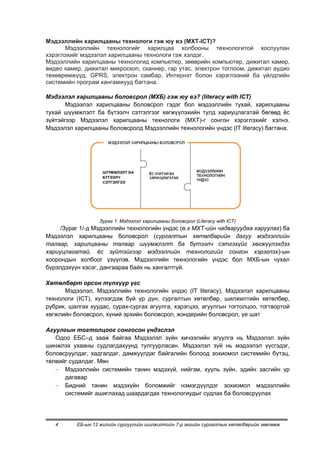 Мэдээллийн харилцааны технологи гэж юу вэ (МХТ-ICT)?
      Мэдээллийн технологийг харилцаа холбооны технологитой хослуулан
хэрэглэхийг мэдээлэл харилцааны технологи гэж хэлдэг.
Мэдээллийн харилцааны технологид компьютер, зөөврийн компьютер, дижитал камер,
видео камер, дижитал микроскоп, сканнер, гар утас, электрон тоглоом, дижитал аудио
төхөөрөмжүүд, GPRS, электрон самбар, Интернэт болон хэрэглээний ба үйлдлийн
системийн програм хангамжууд багтана.

Мэдээлэл харилцааны боловсрол (МХБ) гэж юу вэ? (literacy with ICT)
       Мэдээлэл харилцааны боловсрол гэдэг бол мэдээллийн тухай, харилцааны
тухай шүүмжлэлт ба бүтээлч сэтгэлгээг хөгжүүлэхийн тулд хариуцлагатай бөгөөд ѐс
зүйтэйгээр Мэдээлэл харилцааны технологи (МХТ)-г сонгон хэрэглэхийг хэлнэ.
Мэдээлэл харилцааны боловсролд Мэдээллийн технологийн үндэс (IT literacy) багтана.




                   ШҮҮМЖЛЭЛТ БА
                   БҮТЭЭЛЧ
                   СЭТГЭЛГЭЭ




                  Зураг 1: Мэдээлэл харилцааны боловсрол (Literacy with ICT)
     /Зураг 1/-д Мэдээллийн технологийн үндэс (ө.х МХТ-ийн чадваруудаа харуулах) ба
Мэдээлэл харилцааны боловсрол (сургалтын хөтөлбөрийн дагуу мэдээллийн
талаар, харилцааны талаар шүүмжлэлт ба бүтээлч сэтгэхүйг хөгжүүлэхдээ
хариуцлагатай, ёс зүйтэйгээр мэдээллийн технологийг сонгон хэрэглэх)-ын
хоорондын холбоог үзүүлэв. Мэдээллийн технологийн үндэс бол МХБ-ын чухал
бүрэлдэхүүн хэсэг, дангаараа байх нь хангалтгүй.

Хөтөлбөрт орсон түлхүүр үгс
      Мэдээлэл, Мэдээллийн технологийн үндэс (IT literacy), Мэдээлэл харилцааны
технологи (ICT), хүлээгдэж буй үр дүн, сургалтын хөтөлбөр, шилжилтийн хөтөлбөр,
рубрик, шалгах хуудас, сурах-сургах агуулга, хэрэгцээ, агуулгын тогтолцоо, тогтвортой
хөгжлийн боловсрол, хүний эрхийн боловсрол, жэндерийн боловсрол, үе шат

Агуулгын тогтолцоог сонгосон үндэслэл
   Одоо ЕБС–д зааж байгаа Мэдээлэл зүйн хичээлийн агуулга нь Мэдээлэл зүйн
шинжлэх ухааны судлагдахуунд тулгуурласан. Мэдээлэл зүй нь мэдээлэл үүсгэдэг,
боловсруулдаг, хадгалдаг, дамжуулдаг байгалийн болоод зохиомол системийн бүтэц,
төлвийг судалдаг. Мөн
      Мэдээллийн системийн танин мэдэхүй, нийгэм, хууль зүйн, эдийн засгийн үр
      дагавар
      Бидний танин мэдэхүйн боломжийг нэмэгдүүлдэг зохиомол мэдээллийн
      системийг ашиглахад шаардагдах технологиудыг судлах ба боловсруулах




   4      ЕБ-ын 12 жилийн сургуулийн шилжилтийн 7-р ангийн сургалтын хөтөлбөрийн зөвлөмж
 