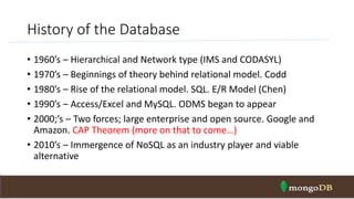 History of the Database
• 1960’s – Hierarchical and Network type (IMS and CODASYL)
• 1970’s – Beginnings of theory behind relational model. Codd
• 1980’s – Rise of the relational model. SQL. E/R Model (Chen)
• 1990’s – Access/Excel and MySQL. ODMS began to appear
• 2000;’s – Two forces; large enterprise and open source. Google and
Amazon. CAP Theorem (more on that to come…)
• 2010’s – Immergence of NoSQL as an industry player and viable
alternative
 