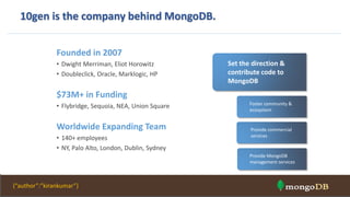 10gen is the company behind MongoDB.
Set the direction &
contribute code to
MongoDB
Foster community &
ecosystem
Provide MongoDB
management services
Provide commercial
services
Founded in 2007
• Dwight Merriman, Eliot Horowitz
• Doubleclick, Oracle, Marklogic, HP
$73M+ in Funding
• Flybridge, Sequoia, NEA, Union Square
Worldwide Expanding Team
• 140+ employees
• NY, Palo Alto, London, Dublin, Sydney
{“author”:”kirankumar”}
 