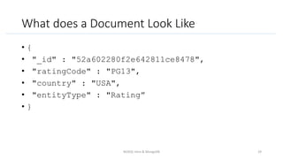 What does a Document Look Like
• {
• "_id" : "52a602280f2e642811ce8478",
• "ratingCode" : "PG13",
• "country" : "USA",
• "entityType" : "Rating”
• }
NOSQL Intro & MongoDB 29
 