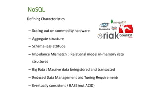 NoSQL databases are little different than conventional databases (in terms of storage,
reterival, performance, scalability...