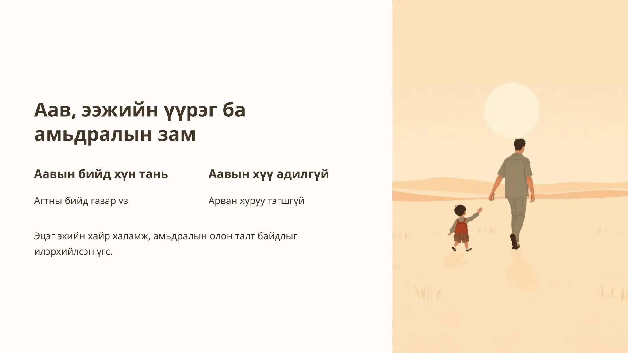 Аав, ээжийн үүрэг ба
амьдралын зам
Аавын бийд хүн тань
Агтны бийд газар үз
Аавын хүү адилгүй
Арван хуруу тэгшгүй
Эцэг эхийн хайр халамж, амьдралын олон талт байдлыг
илэрхийлсэн үгс.
 