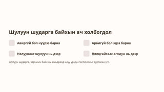 Шулуун шударга байхын ач холбогдол
Авиргүй бол нүүрээ барна Арвигүй бол эдээ барна
Нялуунаас шулуун нь дээр Нялцгайгаас аглиун нь дээр
Шулуун шударга, зарчимч байх нь амьдралд илүү үр дүнтэй болохыг сургасан үгс.
 