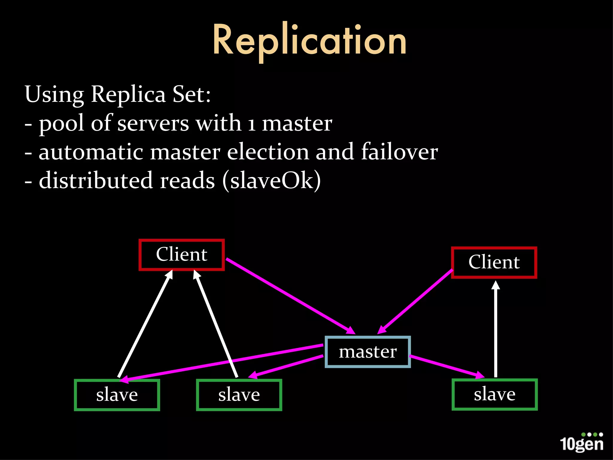 Replication master slave slave Using Replica Set: - pool of servers with 1 master - automatic master election and failover - distributed reads (slaveOk) slave Client Client 