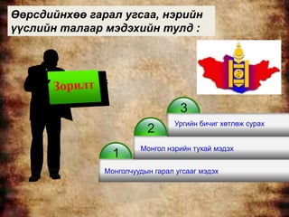 Өөрсдийнхөө гарал угсаа, нэрийн
үүслийн талаар мэдэхийн тулд :




                                   3
                                  Ургийн бичиг хөтлөж сурах
                          2
                        Монгол нэрийн тухай мэдэх
                 1
               Монголчуудын гарал угсааг мэдэх
 