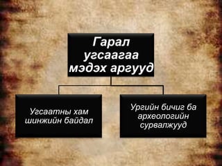 Гарал
           угсаагаа
         мэдэх аргууд


                 Ургийн бичиг ба
 Угсаатны хам
                  археологийн
шинжийн байдал
                   сурвалжууд
 