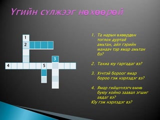 Үгийн сүлжээг нөхөөрөйТа нарын өхөөрдөн тоглох дуртай амьтан, айл гэрийн манаач тэр ямар амьтан бэ?Тахиа юу гаргадаг вэ?Хүчтэй бороог ямар бороо гэж нэрлэдэг вэ?Ямар гийшүүлэгч өмнө буюу хойно заавал эгшиг авдаг вэ?Юу гэж нэрлэдэг вэ?