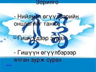 Зорилго
                        
            ­ Нийлмэл өгүүлбэрийн 
            онцлогийг таних
             
            ­ Гишүүдээр зурах
             
 
            ­ Гишүүн өгүүлбэрээр 
                        




            ялган зурж сурах
    буцах
 