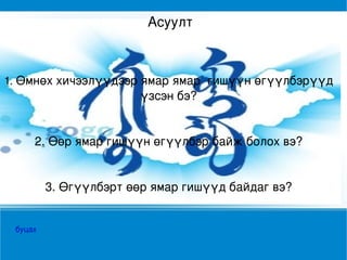 Асуулт



1. Өмнөх хичээлүүдээр ямар ямар  гишүүн өгүүлбэрүүд 
                        үзсэн бэ? 


      2. Өөр ямар гишүүн өгүүлбэр байж болох вэ? 
                            

         3. Өгүүлбэрт өөр ямар гишүүд байдаг вэ? 
                              




 буцах
 