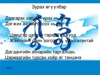 Зурах өгүүлбэр
                   
Дэлгэрэх хаврын ирэх нь эрт
Дэгжих айлын босох нь эрт

      Цэмцгэр цагаан гэрийн хажууд  
      Жавхлант охин зогсох нь үзэсгэлэнтэй

Дагдангийн эхнэрийн таргалсан, 
                        

Цэрмаагийн турсан хоёр яг тэнцэнэ

    буцах
 