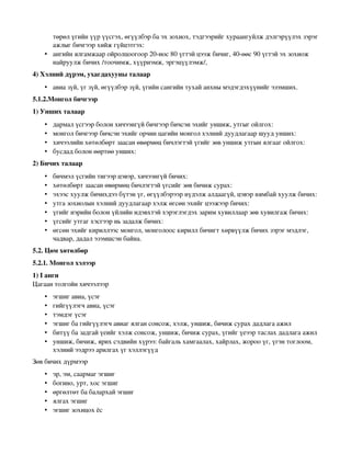 төрөл үгийн үүр үүсгэх, өгүүлбэр ба эх зохиох, тэдгээрийг хураангуйлж дэлгэрүүлэх зэрэг 
     ажлыг бичгээр хийж гүйцэтгэх: 
   • ангийн ялгамжаар ойролцоогоор 20­иос 80 үгтэй цээж бичиг, 40­өөс 90 үгтэй эх зохиож 
     найруулж бичих /тоочимж, хүүрнэмж, эргэцүүлэмж/, 
4) Хэлний дүрэм, ухагдахууны талаар
   • авиа зүй, үг зүй, өгүүлбэр зүй, үгийн сангийн тухай анхны мэдэгдэхүүнийг эзэмших. 
5.1.2.Монгол бичгээр
1) Унших талаар
   •   дармал үсгээр болон хичээнгүй бичгээр бичсэн эхийг уншиж, утгыг ойлгох: 
   •   монгол бичгээр бичсэн эхийг орчин цагийн монгол хэлний дуудлагаар шууд унших: 
   •   хичээлийн хөтөлбөрт заасан өвөрмөц бичлэгтэй үгийг зөв уншиж утгын ялгааг ойлгох: 
   •   бусдад болон өөртөө унших: 
2) Бичих талаар
   •   бичмэл үсгийн тигээр цэвэр, хичээнгүй бичих: 
   •   хөтөлбөрт заасан өвөрмөц бичлэгтэй үгсийг зөв бичиж сурах: 
   •   эхээс хуулж бичихдээ бүтэн үг, өгүүлбэрээр нүдэлж алдаагүй, цэвэр нямбай хуулж бичих: 
   •   утга зохиолын хэлний дуудлагаар хэлж өгсөн эхийг цээжээр бичих: 
   •   үгийг нэрийн болон үйлийн идэвхтэй хэрэглэгдэх зарим хувиллаар зөв хувилгаж бичих: 
   •   үгсийг утгаг хэсгээр нь задалж бичих: 
   •   өгсөн эхийг кириллээс монгол, монголоос кирилл бичигт хөрвүүлж бичих зэрэг мэдлэг, 
       чадвар, дадал эзэмшсэн байна. 
5.2. Цөм хөтөлбөр
5.2.1. Монгол хэлээр
1) I анги
Цагаан толгойн хичээлээр
   •   эгшиг авиа, үсэг 
   •   гийгүүлэгч авиа, үсэг 
   •   тэмдэг үсэг 
   •   эгшиг ба гийгүүлэгч авиаг ялган сонсож, хэлж, уншиж, бичиж сурах дадлага ажил 
   •   битүү ба задгай үеийг хэлж сонсож, уншиж, бичиж сурах, үгийг үеээр таслах дадлага ажил 
   •   уншиж, бичиж, ярих сэдвийн хүрээ: байгаль хамгаалах, хайрлах, жороо үг, үгэн тоглоом, 
       хэлний ээдрээ арилгах үг хэллэгүүд 
Зөв бичих дүрмээр
   •   эр, эм, саармаг эгшиг 
   •   богино, урт, хос эгшиг 
   •   өргөлтөт ба балархай эгшиг 
   •   ялгах эгшиг 
   •   эгшиг зохицох ёс 
 