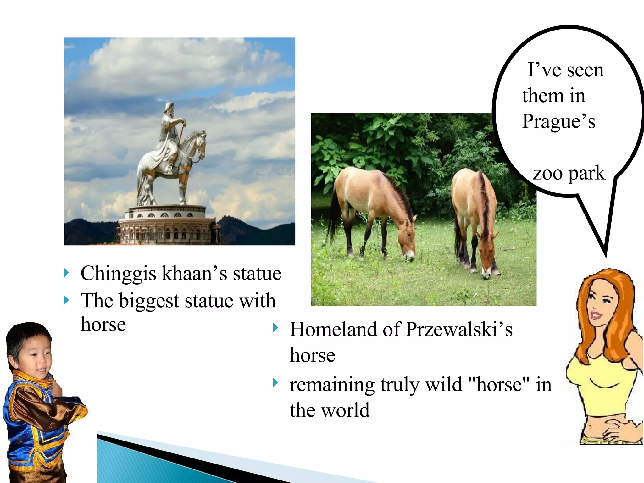 Chinggis khaan’s statue The biggest statue with horse Homeland of Przewalski’s horse remaining truly wild "horse" in the world I’ve seen them in Prague’s  zoo park  