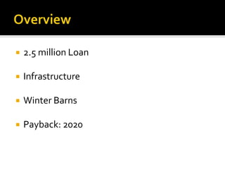    2.5 million Loan

   Infrastructure

   Winter Barns

   Payback: 2020
 