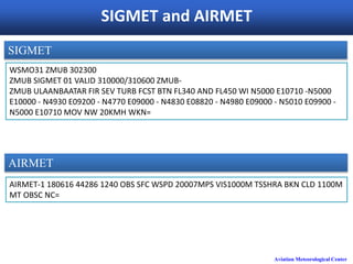 Aviation Meteorological Center
SIGMET and AIRMET
SIGMET
AIRMET
AIRMET-1 180616 44286 1240 OBS SFC WSPD 20007MPS VIS1000M TSSHRA BKN CLD 1100M
MT OBSC NC=
WSMO31 ZMUB 302300
ZMUB SIGMET 01 VALID 310000/310600 ZMUB-
ZMUB ULAANBAATAR FIR SEV TURB FCST BTN FL340 AND FL450 WI N5000 E10710 -N5000
E10000 - N4930 E09200 - N4770 E09000 - N4830 E08820 - N4980 E09000 - N5010 E09900 -
N5000 E10710 MOV NW 20KMH WKN=
 