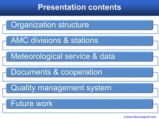 Aviation Meteorological Center
Presentation contents
Organization structure
AMC divisions & stations
Meteorological service & data
Documents & cooperation
Quality management system
Future work
 