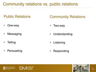 Community relations vs. public relations

Public Relations        Community Relations

• One-way               • Two-way

• Messaging             • Understanding

• Telling               • Listening

• Persuading            • Responding




                                              11
 