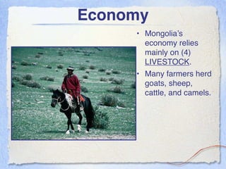 Economy
     • Mongolia’s
       economy relies
       mainly on (4)
       LIVESTOCK.
     • Many farmers herd
       goats, sheep,
       cattle, and camels.
 
