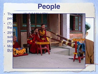 People
• There are (6) 2.8 MILLION
  people.
• (7) 33% of the population lives in
  the capital, Ulaanbaatar.
• 25% of the population lives in
  suburban areas. The rest of the
  population lives in rural areas.
• Most Mongolians are (7)
  BUDDHIST.
 