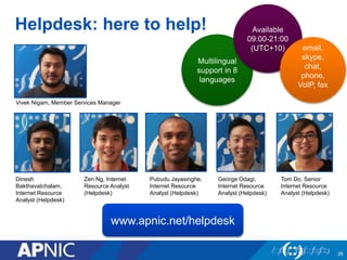 Helpdesk: here to help!
26
www.apnic.net/helpdesk
Dinesh
Bakthavatchalam,
Internet Resource
Analyst (Helpdesk)
Zen Ng, Internet
Resource Analyst
(Helpdesk)
Pubudu Jayasinghe,
Internet Resource
Analyst (Helpdesk)
George Odagi,
Internet Resource
Analyst (Helpdesk)
Tom Do, Senior
Internet Resource
Analyst (Helpdesk)
Multilingual
support in 8
languages
Available
09:00-21:00
(UTC+10) email,
skype,
chat,
phone,
VoIP, fax
Vivek Nigam, Member Services Manager
 