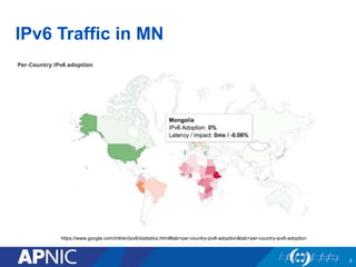 IPv6 Traffic in MN
3
https://www.google.com/intl/en/ipv6/statistics.html#tab=per-country-ipv6-adoption&tab=per-country-ipv6-adoption
 