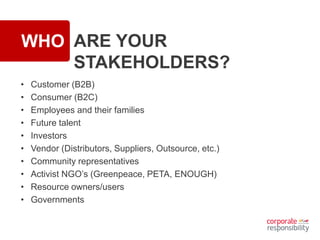 WHO ARE YOUR
STAKEHOLDERS?
• Customer (B2B)
• Consumer (B2C)
• Employees and their families
• Future talent
• Investors
• Vendor (Distributors, Suppliers, Outsource, etc.)
• Community representatives
• Activist NGO’s (Greenpeace, PETA, ENOUGH)
• Resource owners/users
• Governments
 