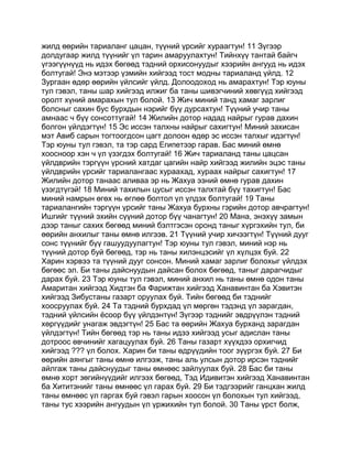 жилд өөрийн тариаланг цацан, түүний үрсийг хураагтун! 11 Зүгээр
долдугаар жилд түүнийг үл тарин амаруулахтун! Тийнхүү тантай байгч
үгээгүүнүүд нь идэх бөгөөд тэдний орхисонуудыг хээрийн ангууд нь идэх
болтугай! Энэ мэтээр үзмийн хийгээд тост модны тариаланд үйлд. 12
Зургаан өдөр өөрийн үйлсийг үйлд. Долоодоход нь амарахтун! Тэр юуны
тул гэвэл, таны шар хийгээд илжиг ба таны шивэгчиний хөвгүүд хийгээд
оролт хүний амарахын тул болой. 13 Жич миний танд хамаг зарлиг
болсныг сахин бус бурхдын нэрийг бүү дурсахтун! Түүний учир таны
амнаас ч бүү сонсоттугай! 14 Жилийн дотор надад найрыг гурав дахин
болгон үйлдэгтүн! 15 Эс иссэн талхны найрыг сахигтун! Миний захисан
мэт Авиб сарын тогтоогдсон цагт долоон өдөр эс иссэн талхыг идэгтүн!
Тэр юуны тул гэвэл, та тэр сард Египетээр гарав. Бас миний өмнө
хоосноор хэн ч үл үзэгдэх болтугай! 16 Жич тариаланд таны цацсан
үйлдврийн тэргүүн үрсний хатдаг цагийн найр хийгээд жилийн эцэс таны
үйлдврийн үрсийг тариалангаас хураахад, хураах найрыг сахигтун! 17
Жилийн дотор танаас аливаа эр нь Жахуа эзний өмнө гурав дахин
үзэгдтүгэй! 18 Миний тахилын цусыг иссэн талхтай бүү тахигтун! Бас
миний намрын өгөх нь өглөө болтол үл үлдэх болтугай! 19 Таны
тариалангийн тэргүүн үрсийг таны Жахуа бурхны гэрийн дотор авчрагтун!
Ишгийг түүний эхийн сүүний дотор бүү чанагтун! 20 Мана, энэхүү замын
дээр таныг сахих бөгөөд миний бэлтгэсэн оронд таныг хүргэхийн тул, би
өөрийн анхилыг таны өмнө илгээв. 21 Түүний учир хичээгтүн! Түүний дууг
сонс түүнийг бүү гашуудуулагтун! Тэр юуны тул гэвэл, миний нэр нь
түүний дотор буй бөгөөд, тэр нь таны хилэнцэсийг үл хүлцэх буй. 22
Харин хэрвээ та түүний дууг сонсон. Миний хамаг зарлиг болохыг үйлдэх
бөгөөс эл. Би таны дайснуудын дайсан болох бөгөөд, таныг дарагчидыг
дарах буй. 23 Тэр юуны тул гэвэл, миний анхил нь таны өмнө одон таны
Амаритан хийгээд Хидтэн ба Фарижтан хийгээд Ханавинтан ба Хэвитэн
хийгээд Зибустаны газарт оруулах буй. Тийн бөгөөд би тэднийг
хоосруулах буй. 24 Та тэдний бурхдад үл мөргөн тэдэнд үл зарагдан,
тэдний үйлсийн ёсоор бүү үйлдэнтүн! Зүгээр тэднийг эвдрүүлэн тэдний
хөргүүдийг унагаж эвдэгтүн! 25 Бас та өөрийн Жахуа бурханд зарагдан
үйлдэгтүн! Тийн бөгөөд тэр нь таны идээ хийгээд усыг адислан таны
дотроос өвчинийг хагацуулах буй. 26 Таны газарт хүүхдээ орхигчид
хийгээд ??? үл болох. Харин би таны өдрүүдийн тоог зүүргэх буй. 27 Би
өөрийн аянгыг таны өмнө илгээж, таны аль улсын дотор ирсэн тэднийг
айлгаж таны дайснуудыг таны өмнөөс зайлуулах буй. 28 Бас би таны
өмнө хорт зөгийнүүдийг илгээх бөгөөд, Тэд Идивитэн хийгээд Ханавинтан
ба Хититэнийг таны өмнөөс үл гарах буй. 29 Би тэдгээрийг ганцхан жилд
таны өмнөөс үл гаргах буй гэвэл гарын хоосон үл болохын тул хийгээд,
таны тус хээрийн ангуудын үл үржихийн тул болой. 30 Таны үрст болж,
 