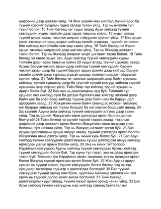 ширээний дээр шатаан үйлд. 14 Жич үхрийн мах хийгээд түүний арьс ба
түүний сэвсийг буудлын гадна галаар түлэн үйлд. Тэр нь нүглийн тул
тахил болой. 15 Тийн бөгөөд нэг хуцыг аваад Арун хийгээд түүний
хөвгүүдийн хуцны толгойн дээр гараа тавьсны хойно, 16 хуцыг алаад
түүний цусыг аваад тахилын ширээг тойруулан сүрчин үйлд. 17 Бас хуцыг
хэсэг хэсгээр огтлоод дотрыг хийгээд хөлийг угаагаад, тэднийг огтолсон
бие хийгээд толгойтойн хамтаар тавин үйлд. 18 Тийн бөгөөд чи бүхэл
хуцыг тахилын ширээний дээр шатсан үйлд. Тэр нь Жахуад шатаалт
тахил болой. Тэр нь Жахуад амархаг үнэрт шатаалт тахил болой. 19 Тийн
бөгөөд чи нөгөө хуцыг авч, Арун хийгээд түүний хөвгүүдийн хуцны
толгойн дээр гараа тавьсны хойно 20 хуцыг алаад түүний цуснаас аваад
Аруны баруун чихний захын дээр хийгээд түүний хөвгүүдийн баруун
чихний захын дээр ба тэдний баруун гарын эрхийн дээр хийгээд баруун
хөлийн эрхийн дээр түрхээд үлдсэн цусаар тахилын ширээг тойруулан
сүрчин үйлд. 21 Тийн бөгөөд чи тахилын ширээний дээр байгч цуснаас
хийгээд, түүний хувцасны дээр ба түүнтэй түүний хөвгүүд хийгээд тэдний
хувцасны дээр сүрчин үйлд. Тийн бээр тэр хийгээд түүний хувцас нь
ариун болох буй. 22 Бас энэ нь даалгаварны хуц буй. Тиймийн тул
хуцнаас өөх хийгээд сүүл ба дотрыг бүрхээгч өөх хийгээд элэгний дээр
байгч цөс ба хоёр бөөр хийгээд тэдний дээр байгч өөх ба баруун дал
эдгээрийн аваад, 23 Жахуагийн өмнө байгч саванд эс исгэсэн талхнаас
нэг боорцог хийгээд нэг тосны боорцог ба нэг нимгэн боорцгийг аваад, 24
Эд хамгийг Аруны алга хийгээд түүний хөвгүүдийн алганы дээр тавин
үйлд. Тэд нь эднийг Жахуагийн өмнө дэлгэгдэх өргөл болгон дэлгэх
болтугай! 25 Тийн бөгөөд чи эднийг тэдний гараас аваад, тахилын
ширээний дээр шатаалт өргөл болгон Жахуагийн өмнө амархан үнэр
болохын тул шатаан үйлд. Тэр нь Жахуад шатаалт өргөл буй. 26 Бас
Аруны даалгаварны хуцын өвчүүг аваад, түүнийг дэлгэгдэх өргөл болгон
Жахуагийн өмнө дэлгэн үйлд. Тэр нь чиний хувь болох буй. 27 Бас Арун
хийгээд түүний хөвгүүдийн даалгаварны хуцны дэлгэгдсэн өвчүү хийгээд
өргөгдсөн далыг ариун болгон үйлд. 28 Энэ нь мөнх тогтоолоор
Израйлын хөвгүүдээс Аруны хийгээд түүний хөвгүүдээс Аруны хийгээд
түүний хөвгүүдийн болох буй. Тэр юуны тул гэвэл, энэ нь дээш өргөгдөх
тахил буй. Тиймийн тул Израйлын эвийн тахилаас энэ нь өргөгдөх өргөл
болон Жахуад тэдний өргөгдөх өргөл болох буй. 29 Жич Аруны ариун
хувцас нь түүний хойно, түүний хөвгүүдийн болох бөгөөд тэд нь тэд
хувцдаар тослогдон тэднээр ч даалгагдах болтугай! 30 Бас түүний
хөвгүүдээс түүний оронд лам болж, чуулганы майханд үйлчлэхийн тул
орогч нь тэднийг долоо хоног өмсөх болтугай! 31 Тийн бөгөөд
даалгаварны хуцыг аваад, түүний махыг ариун оронд чанан үйлд. 32 Бас
Арун хийгээд түүнйи хөвгүүд нь мах хийгээд саванд байгч талхыг
 