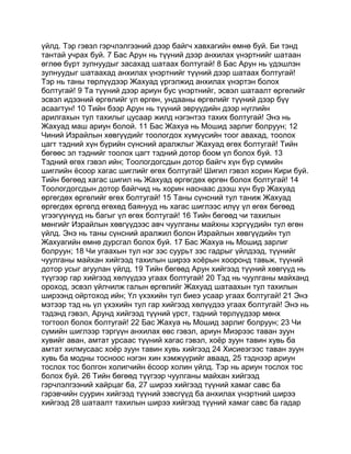 үйлд. Тэр гэвэл гэрчлэлгээний дээр байгч хавхагийн өмнө буй. Би тэнд
тантай учрах буй. 7 Бас Арун нь түүний дээр анхилах үнэртнийг шатаан
өглөө бүрт зулнуудыг засахад шатаах болтугай! 8 Бас Арун нь үдэшлэн
зулнуудыг шатаахад анхилах үнэртнийг түүний дээр шатаах болтугай!
Тэр нь таны төрлүүдээр Жахуад үргэлжид анхилах үнэртэн болох
болтугай! 9 Та түүний дээр ариун бус үнэртнийг, эсвэл шатаалт өргөлийг
эсвэл идээний өргөлийг үл өргөн, ундааны өргөлийг түүний дээр бүү
асаагтун! 10 Тийн бээр Арун нь түүний эврүүдийн дээр нүглийн
арилгахын тул тахилыг цусаар жилд нэгэнтээ тахих болтугай! Энэ нь
Жахуад маш ариун болой. 11 Бас Жахуа нь Мошид зарлиг болруун; 12
Чиний Израйлын хөвгүүдийг тоологдох хүмүүсийн тоог авахад, тоолох
цагт тэдний хүн бүрийн сүнсний аралжлыг Жахуад өгөх болтугай! Тийн
бөгөөс эл тэднийг тоолох цагт тэдний дотор боом үл болох буй. 13
Тэдний өгөх гэвэл ийн; Тоологдогсдын дотор байгч хүн бүр сүмийн
шиглийн ёсоор хагас шиглийг өгөх болтугай! Шигил гэвэл хорин Кири буй.
Тийн бөгөөд хагас шигил нь Жахуад өргөгдөх өргөн болох болтугай! 14
Тоологдогсдын дотор байгчид нь хорин наснаас дээш хүн бүр Жахуад
өргөгдөх өргөлийг өгөх болтугай! 15 Таны сүнсний тул таниж Жахуад
өргөгдөх өргөлд өгөхөд баянууд нь хагас шиглээс илүү үл өгөх бөгөөд
үгээгүүнүүд нь багыг үл өгөх болтугай! 16 Тийн бөгөөд чи тахилын
мөнгийг Израйлын хөвгүүдээс авч чуулганы майхны хэргүүдийн тул өгөн
үйлд. Энэ нь таны сүнсний аралжил болон Израйлын хөвгүүдийн тул
Жахуагийн өмнө дурсгал болох буй. 17 Бас Жахуа нь Мошид зарлиг
болруун; 18 Чи угаахын тул нэг зэс суурьт зэс гадрыг үйлдээд, түүнийг
чуулганы майхан хийгээд тахилын ширээ хоёрын хооронд тавьж, түүний
дотор усыг агуулан үйлд. 19 Тийн бөгөөд Арун хийгээд түүний хөвгүүд нь
түүгээр гар хийгээд хөлүүдээ угаах болтугай! 20 Тэд нь чуулганы майханд
ороход, эсвэл үйлчилж галын өргөлийг Жахуад шатаахын тул тахилын
ширээнд ойртоход ийн; Үл үхэхийн тул биеэ усаар угаах болтугай! 21 Энэ
мэтээр тэд нь үл үхэхийн тул гар хийгээд хөлүүдээ угаах болтугай! Энэ нь
тэдэнд гэвэл, Арунд хийгээд түүний үрст, тэдний төрлүүдээр мөнх
тогтоол болох болтугай! 22 Бас Жахуа нь Мошид зарлиг болруун; 23 Чи
сүмийн шиглээр тэргүүн анхилах өвс гэвэл, ариун Миэрээс таван зуун
хувийг аван, амтат урсаас түүний хагас гэвэл, хоёр зуун тавин хувь ба
амтат хилмусаас хоёр зуун тавин хувь хийгээд 24 Хисиеэгээс таван зуун
хувь ба модны тосноос нэгэн хин хэмжүүрийг аваад, 25 тэднээр ариун
тослох тос болгон холигчийн ёсоор холин үйлд. Тэр нь ариун тослох тос
болох буй. 26 Тийн бөгөөд түүгээр чуулганы майхан хийгээд
гэрчлэлгээний хайрцаг ба, 27 ширээ хийгээд түүний хамаг савс ба
гэрэвчийн суурин хийгээд түүний зэвсгүүд ба анхилах үнэртний ширээ
хийгээд 28 шатаалт тахилын ширээ хийгээд түүний хамаг савс ба гадар
 