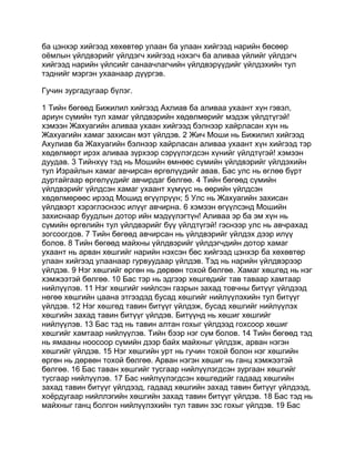 ба цэнхэр хийгээд хөхөвтөр улаан ба улаан хийгээд нарийн бөсөөр
оёмлын үйлдвэрийг үйлдэгч хийгээд нэхэгч ба аливаа үйлийг үйлдэгч
хийгээд нарийн үйлсийг санаачлагчийн үйлдвэрүүдийг үйлдэхийн тул
тэднийг мэргэн ухаанаар дүүргэв.

Гучин зургадугаар бүлэг.

1 Тийн бөгөөд Бижилил хийгээд Ахлиав ба аливаа ухаант хүн гэвэл,
ариун сүмийн тул хамаг үйлдвэрийн хөдөлмөрийг мэдэж үйлдтүгэй!
хэмээн Жахуагийн аливаа ухаан хийгээд бэлнээр хайрласан хүн нь
Жахуагийн хамаг захисан мэт үйлдэв. 2 Жич Моши нь Бижилил хийгээд
Ахулиав ба Жахуагийн бэлнээр хайрласан аливаа ухаант хүн хийгээд тэр
хөдөлмөрт ирэх аливаа зүрхээр сэрүүлэгдсэн хүнийг үйлдтүгэй! хэмээн
дуудав. 3 Тийнхүү тэд нь Мошийн өмнөөс сүмийн үйлдвэрийг үйлдэхийн
тул Израйлын хамаг авчирсан өргөлүүдийг авав. Бас улс нь өглөө бүрт
дуртайгаар өргөлүүдийг авчирдаг бөлгөө. 4 Тийн бөгөөд сүмийн
үйлдвэрийг үйлдсэн хамаг ухаант хүмүүс нь өөрийн үйлдсэн
хөдөлмөрөөс ирээд Мошид өгүүлрүүн; 5 Улс нь Жахуагийн захисан
үйлдвэрт хэрэглэснээс илүүг авчирна. 6 хэмээн өгүүлсэнд Мошийн
захиснаар буудлын дотор ийн мэдүүлэгтүн! Аливаа эр ба эм хүн нь
сүмийн өргөлийн тул үйлдвэрийг бүү үйлдтүгэй! гэснээр улс нь авчрахад
зогсоогдов. 7 Тийн бөгөөд авчирсан нь үйлдвэрийг үйлдэх дээр илүү
болов. 8 Тийн бөгөөд майхны үйлдвэрийг үйлдэгчдийн дотор хамаг
ухаант нь арван хөшгийг нарийн нэхсэн бөс хийгээд цэнхэр ба хөхөвтөр
улаан хийгээд улаанаар гурвуудаар үйлдэв. Тэд нь нарийн үйлдвэрээр
үйлдэв. 9 Нэг хөшгийг өргөн нь дөрвөн тохой бөлгөө. Хамаг хөшгөд нь нэг
хэмжээтэй бөлгөө. 10 Бас тэр нь эдгээр хөшгөдийг тав таваар хамтаар
нийлүүлэв. 11 Нэг хөшгийг нийлсэн газрын захад товчны битүүг үйлдээд
нөгөө хөшгийн цаана этгээдэд бусад хөшгийг нийлүүлэхийн тул битүүг
үйлдэв. 12 Нэг хөшгөд тавин битүүг үйлдэж, бусад хөшгийг нийлүүлэх
хөшгийн захад тавин битүүг үйлдэв. Битүүнд нь хөшиг хөшгийг
нийлүүлэв. 13 Бас тэд нь тавин алтан гохыг үйлдээд гохсоор хөшиг
хөшгийг хамтаар нийлүүлэв. Тийн бээр нэг сүм болов. 14 Тийн бөгөөд тэд
нь ямааны ноосоор сүмийн дээр байх майхныг үйлдэж, арван нэгэн
хөшгийг үйлдэв. 15 Нэг хөшгийн урт нь гучин тохой болон нэг хөшгийн
өргөн нь дөрвөн тохой бөлгөө. Арван нэгэн хөшиг нь ганц хэмжээтэй
бөлгөө. 16 Бас таван хөшгийг тусгаар нийлүүлэгдсэн зургаан хөшгийг
тусгаар нийлүүлэв. 17 Бас нийлүүлэгдсэн хөшгөдийг гадаад хөшгийн
захад тавин битүүг үйлдээд, гадаад хөшгийн захад тавин битүүг үйлдээд,
хоёрдугаар нийллэгийн хөшгийн захад тавин битүүг үйлдэв. 18 Бас тэд нь
майхныг ганц болгон нийлүүлэхийн тул тавин зэс гохыг үйлдэв. 19 Бас
 