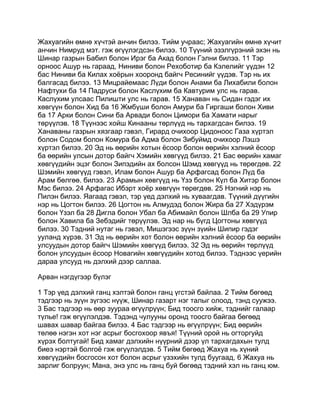 Жахуагийн өмнө хүчтэй анчин билээ. Тийм учраас; Жахуагийн өмнө хүчит
анчин Нимруд мэт. гэж өгүүлэгдсэн билээ. 10 Түүний эзэлгүрэний эхэн нь
Шинар газрын Бабил болон Ирэг ба Акад болон Гэлни билээ. 11 Тэр
орноос Ашур нь гараад, Ниниви болон Рехоботир ба Кэлелийг үүдэн 12
бас Ниниви ба Килах хоёрын хооронд байгч Ресинийг үүдэв. Тэр нь их
балгасад билээ. 13 Мицрайемаас Лүди болон Анами ба Лихабили болон
Нафтухи ба 14 Падруси болон Каслүхим ба Кавтурим улс нь гарав.
Каслүхим улсаас Пилишти улс нь гарав. 15 Ханаван нь Сидан гэдэг их
хөвгүүн болон Хид ба 16 Жмбүши болон Амури ба Гиргаши болон Хиви
ба 17 Арки болон Сини ба Арвади болон Цимори ба Хамати нарыг
төрүүлэв. 18 Түүнээс хойш Кинааны төрлүүд нь тархагдсан билээ. 19
Ханаваны газрын хязгаар гэвэл, Гирард очихоор Цидоноос Газа хүртэл
болон Содом болон Комура ба Адма болон Зибуймд очихоор Лэшэ
хүртэл билээ. 20 Эд нь өөрийн хотын ёсоор болон өөрийн хэлний ёсоор
ба өөрийн улсын дотор байгч Хэмийн хөвгүүд билээ. 21 Бас өөрийн хамаг
хөвгүүдийн эцэг болон Зипэдийн ах болсон Шэмд хөвгүүд нь төрөгдөв. 22
Шэмийн хөвгүүд гэвэл, Илам болон Ашур ба Арфагсад болон Лүд ба
Арам бөлгөө. билээ. 23 Арамын хөвгүүд нь Үзэ болон Күл ба Хитэр болон
Мэс билээ. 24 Арфагас Ибэрт хоёр хөвгүүн төрөгдөв. 25 Нэгний нэр нь
Пилэн билээ. Яагаад гэвэл, тэр үед дэлхий нь хуваагдав. Түүний дүүгийн
нэр нь Цогтон билээ. 26 Цогтон нь Алмудэд болон Жира ба 27 Хэдүрэм
болон Үзэл ба 28 Дигла болон Убал ба Абимайл болон Шлба ба 29 Упир
болон Хавила ба Зебэдийг төрүүлэв. Эд нар нь бүгд Цогтоны хөвгүүд
билээ. 30 Тэдний нутаг нь гэвэл, Мишэгээс зүүн зүийн Шипир гэдэг
ууланд хүрэв. 31 Эд нь өөрийн хот болон өөрийн хэлний ёсоор ба өөрийн
улсуудын дотор байгч Шэмийн хөвгүүд билээ. 32 Эд нь өөрийн төрлүүд
болон улсуудын ёсоор Новагийн хөвгүүдийн хотод билээ. Тэднээс үерийн
дараа улсууд нь дэлхий дээр саллаа.

Арван нэгдүгээр бүлэг

1 Тэр үед дэлхий ганц хэлтэй болон ганц үгстэй байлаа. 2 Тийм бөгөөд
тэдгээр нь зүүн зүгээс нүүж, Шинар газарт нэг талыг олоод, тэнд суужээ.
3 Бас тэдгээр нь өөр зуураа өгүүлрүүн; Бид тоосго хийж, тэднийг галаар
түлье! гэж өгүүлэлдэв. Тэдэнд чулууны оронд тоосго байгаа бөгөөд
шавах шавар байгаа билээ. 4 Бас тэдгээр нь өгүүлрүүн; Бид өөрийн
төлөө нэгэн хот нэг асрыг босгохоор явъя! Түүний орой нь огторгуйд
хүрэх болтугай! Бид хамаг дэлхийн нүүрний дээр үл тархагдахын тулд
биеэ нэртэй болгоё гэж өгүүлэлдэв. 5 Тийм бөгөөд Жахуа нь хүний
хөвгүүдийн босгосон хот болон асрыг үзэхийн тулд буугаад, 6 Жахуа нь
зарлиг болруун; Мана, энэ улс нь ганц буй бөгөөд тэдний хэл нь ганц юм.
 