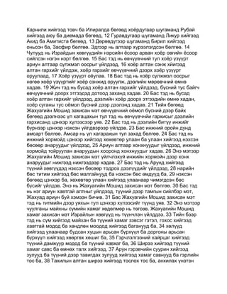 Карнили хийгээд товч ба Илиралда бөгөөд хоёрдугаар шугаманд Рубай
хийгээд аюу ба диемада бөгөөд, 12 Гуравдугаар шугаманд Ликур хийгээд
Акид ба Амитиста бөгөөд, 13 Дөрөвдүгээр шугаманд Бирил хийгээд
оньсон ба, Засфир бөлгөө. Эдгээр нь алтаар хүрээлэгдсэн бөлгөө. 14
Чулууд нь Израйдын хөвгүүдийн нэрсийн ёсоор арван хоёр овгийн ёсоор
сийлсэн нэгэн нэрт бөлгөө. 15 Бас тэд нь өвчүүвчний тул хоёр үзүүрт
ариун алтаар сүлжмэл оосрыг үйлдээд, 16 хоёр алтан сэнж хйигээд
алтан гархийг үйлдэж, хоёр гархийг өвчүүвчний дээрх хоёр үзүүрт
оруулаад, 17 Хоёр үзүүрт оёулав. 18 Бас тэд нь хоёр сүлжмэл оосрыг
нөгөө хоёр үзүүртийг хоёр сэнжид оруулж, дээлийн мөрөвчний өмнө
хадав. 19 Жич тэд нь бусад хоёр алтан гархийг үйлдээд, бүсний тус байгч
өвчүүвчний доорх этгээдэд дотоод заханд хадав. 20 Бас тэд нь бусад
хоёр алтан гархийг үйлдээд, дээлийн хоёр доорх этгээдийн өмнө хадан,
хоёр суганы тус оёмол бүсний дээр дээлэнд хадав. 21 Тийн бөгөөд
Жахуагийн Мошид захисан мэт өвчүүвчний оёмол бүсний дээр байх
бөгөөд дээлнээс үл хагацахын тул тэд нь өвчүүвчнйи гархисыг дээлийн
гархисанд цэнхэр хүлээсээр уяв. 22 Бас тэд нь дээлийн битүү инжийг
бүрнээр цэнхэр нэхсэн үйлдвэрээр үйлдэв. 23 Бас инжний оройн дунд
амсарт бөлгөө. Амсар нь үл хагарахын тул захад бөлгөө. 24 Бас тэд нь
инжний хормойд цэнхэр хийгээд хөхөвтөр улаан ба улаан хийгээд нэхсэн
бөсөөр анаруудыг үйлдээд, 25 Ариун алтаар хонхнуудыг үйлдээд, инжний
хормойд тойруулан анаруудын хооронд хонхнуудыг хадав. 26 Энэ мэтээр
Жахуагийн Мошид захисан мэт үйлчлэхүй инжийн хормойн дээр хонх
анаруудыг нижгээд нижгээдээр хадав. 27 Бас тэд нь Арунд хийгээд
түүний хөвгүүдэд нэхсэн бөсөөр тодрох дээлүүдийг үйлдээд, 28 нарийн
бөс титим хийгээд бөс малгайнууд ба нэхсэн бөс өмдүүд ба, 29 нэхсэн
бөгөөд цэнхэр ба, хөхөвтөр улаан хийгээд улаанаар чимэгдсэн бөс
бүсийг үйлдэв. Энэ нь Жахуагийн Мошид захисан мэт бөлгөө. 30 Бас тэд
нь нэг ариун хавтгай алтныг үйлдээд, түүний дээр тамгын сийлбэр мэт,
Жахуад ариун буй хэмээн бичив. 31 Бас Жахуагийн Мошид захисан мэт
тэд нь титмийн дээр уяхын тул цэнхэр хүлээсийг түүнд уяв. 32 Энэ мэтээр
чуулганы майхны сүмийн хамаг хөдөлмөр нь төгсөв. Жахуагийн Мошид
хамаг захисан мэт Израйлын хөвгүүд нь түүнчлэн үйлддээ. 33 Тийн бээр
тэд нь сүм хийгээд майхан ба түүний хамаг зэвсэг гэтэл, гохос хийгээд
хавтгай модод ба хөндлөн моодод хийгээд баганууд ба, 34 хөлүүд
хийгээд улаанаар будсан хуцын арьсан бүрхүүл ба доргоны арьсан
бүрхүүл хийгээд хөөргөх хөшиг ба, 35 Гэрчлэлгээний хайрцаг хийгээд
түүний дамжуур модод ба түүний хавхаг ба, 36 Ширээ хийгээд түүний
хамаг савс ба өмнөх талх хийгээд, 37 Арун гэрэвчийн суурин хийгээд
зулууд ба түүний дээр тавигдах зулууд хийгээд хамаг савнууд ба гэрлийн
тос ба, 38 Тахилын алтан ширээ хийгээд тослох тос ба, анхилах үнэтэн
 