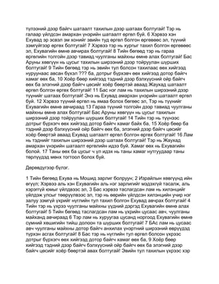 түлээний дээр байгч шатаалт тахилын дээр шатаах болтугай! Тэр нь
галаар үйлдсэн амархан үнэрийн шатаалт өргөл буй. 6 Хэрвээ хэн
Ехувад эр эсвэл эм хонийг эвийн туд өргөл болгон өргөвөөс эл, түүний
зэмгүйгээр өргөх болтугай! 7 Хэрвээ тэр нь хургыг тахил болгон өргөвөөс
эл, Ехувагийн өмнө авчирах болтугай! 8 Тийн бөгөөд тэр нь гараа
өргөлийн толгойн дээр тавиад чуулганы майхны өмнө алах болтугай! Бас
Аруны хөвгүүн нь цусыг тахилын ширээний дээр тойруулан шүрших
болтугай! 9 Тийн бөгөөд тэр нь эвийн тул болсон тахилаас өөх хийгээд
нуруунаас авсан бүхэл ??? ба, дотрыг бүрхэвч өөх хийгээд дотор байгч
хамаг өөх ба, 10 Хоёр бөөр хийгээд тэдний дээр бэлхүүсний ойр байгч
өөх ба элэгний дээр байгч цөсийг хоёр бөөртэй аваад Жаухад шатаалт
өргөл болгон өргөх болтугай! 11 Бас нэг лам нь тахилын ширээний дээр
түүнийг шатаах болтугай! Энэ нь Ехувад амархан үнэрийн шатаалт өргөл
буй. 12 Хэрвээ түүний өргөл нь ямаа болох бөгөөс эл, Тэр нь түүнийг
Ехувагийн өмнө авчираад 13 Гараа түүний толгойн дээр тавиад чуулганы
майхны өмнө алах болтугай! Бас Аруны хөвгүүн нь цусыг тахилын
ширээний дээр тойруулан шүрших болтугай! 14 Тийн тэр нь түүнээс
дотрыг бүрхэгч өөх хийгээд дотор байгч хамаг байх ба, 15 Хоёр бөөр ба
тэдний дээр бэлхүүсний ойр байгч өөх ба, элэгний дээр байгч цөсийг
хоёр бөөртэй аваад Ехувад шатаалт өргөл болгон өргөх болтугай! 16 Лам
нь тэднийг тахилын ширээний дээр шатаах болтугай! Тэр нь Жаухад
амархан үнэрийн шатаалт өргөлийн идээ буй. Хамаг өөх нь Ехувагийн
болой. 17 Таны өөх ба цусыг ч үл идэх нь таны хамаг нутгуудаар таны
төрлүүдэд мөнх тогтоол болох буй.

Дөрөвдүгээр бүлэг.

1 Тийн бөгөөд Ехува нь Мошид зарлиг болруун; 2 Израйлын хөвгүүнд ийн
өгүүл; Хэрвээ аль хэн Ехувагийн аль нэг зарлигийг мэдэхгүй тасалж, аль
хэрэггүй юмыг үйлдвээс эл, 3 Бас хэрвээ таслагдсан лам нь хилэнцийг
үйлдэж улсыг төөрүүлвээс эл, тэр нь өөрийн үйлдсэн хилэнцийн учир нэг
залуу зэмгүй үхрийг нүглийн тул тахил болгон Ехувад авчрах болтугай! 4
Тийн тэр нь үхрээ чуулганы майхны үүдний дэргэд Ехувагийн өмнө алах
болтугай! 5 Тийн бөгөөд таслагдсан лам нь үхрийн цусаас авч, чуулганы
майханд авчираад 6 Тэр лам нь хуруугаа цусанд норгоод Ехувагийн өмнө
сүмний хөшигийн тийш долоон та шүрших болтугай! 7 БАс лам нь цусаас
авч чуулганы майхны дотор байгч анхилах үнэртний ширээний өврүүдэд
түрхэн асгах болтугай! 8 Бас тэр нь нүглийн тул өргөл болсон үхрээс
дотрыг бүрхэгч өөх хийгээд дотор байгч хамаг өөх ба, 9 Хоёр бөөр
хийгээд тэдний дээр байгч бэлхүүсний ойр байгч өөх ба элэгний дээр
байгч цөсийг хоёр бөөртэй авах болтугай! Эвийн тул тахилын үхрээс хэр
 