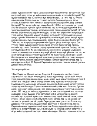 арван хувийн нэгний төдий цагаан холирыг тахил болгон авчиртугай! Тэр
нь түүний дээр тосыг үл хийж анхилаа үнэртэнийг ч үл хийх болтугай! Тэр
юуны тул гэвэл, тэр нь нүглийн тул тахил болой. 12 Тийн тэр нь түүний
ламд авчрах бөгөөд лам нь түүнээс дурсгал болохын тул нэг атгыг
атгаад, Ехувагийн галт тахилын ёсоор тахилын ширээний дээр шатаах
болтугай! Тэр нь нүглийн тул тахил болой. 13 Энэ мэтээр лам нь түүний
аль нэг үйлдсэн нүглийг арилгах бөгөөд тэр нь өнгөрүүлэгдэх буй. Бас
тахилаас олдсоныг талхан өргөлийн ёсоор лам нь авах болтугай! 14 Тийн
бөгөөд Ехува Мошид зарлиг болруун; 15 Бас хэн Ехувагийн ариунуудын
учир зарлиг болсноос мэдэлгүй давж, хилэнцийг үйлдэхэдээ хониноос
ариун сүмийн Шихилын ёсоор хоёр Шихимийн төдий үнэнт зэмгүй хуцыг
өөрийн завсаны тул, Ехувад давсан өргөл болгон авчирах болтугай! 16
Тийн тэр нь ариунуудын учир өөрийн бурууг үйлдсэний тул түлж, бас
түүний таван хувийн нэгийг нэмж ламд өгтүгэй! Тийн бөгөөд лам нь
нүглийн тус тахил болгосон хуцаар түний нүглийг арилгах бөгөөд, тэр нь
өнгөрүүлэгдэх буй. 17 Бас хэрвээ аль хэн нүглийн үйлдээр Ехувагийн
хамаг хорьсонуудаас аль нэг хэрэггүй үйлийг мэдэлгүй үйлвээс эл, тэр нь
зэмт болоод өөрийн нүглийг дагах буй. 18 Тийн тэр нь хониноос чиний
бодсон үнэнт нэг зэмгүй хуцийг давсаны тул тахил болгон ламд авчирах
бөгөөд лам нь түүний мэдэлгүй үйлдсэн нүглийг арилгах бөгөөд тэр нь
өнгөрүүлэгдэх буй. 19 Түүний Ехувагийн зарлигаас давсан мөний тул энэ
давсан тахил болой.

Зургадугаар бүлэг.

1 Бас Ехува нь Мошид зарлиг болруун; 2 Хэрвээ аль хэн бус хүнээс
хадгалахын тул авсан юмын дотор эсвэл түүний гарт даалгасан юмын
учир, эсвэл булаан авсан юмын учир, эсвэл хүнд хорыг үйлдсэний учир 3
эсвэл аль гээгдсэн юмыг олоод түүний учир худлаар өгүүлсэнээр
Ехувагийн тус хилэнцийг үйлдвээс, аль хэн эд бүгдээрээс нэгийг үйлдэж
түүнд нүгэлт болоод 4 Тэр нь энэ мэт нүглийг хийж зэмт болсонд булаан
авсан юм эсвэл хороор авсан юм, эсвэл хадгалахын тул түүнд өгсөн юм
эсвэл ??? гээгдсэн хийгээд түүний олсон юм, эсвэл түүний аль худлаар
амалдсан юмыг буцааж өгөх болтугай! 5 Энэ мэтээр тэр нь өөрийн
нүглийн тул өргөлийг өргөх цагт юмын эзэнд төдий мөнгийг төлж, таван
хувийн нэгийг нэмж өгөх болтугай! 6 Тийн бөгөөд тэр нь хониноос нэг
тогтоосон үнэний зэмгүй хуцийг Ехувад давсаны тул тахил болгон тэр
давсаны тул тахилын ламд авчирах болтугай! 7 Тийн бөгөөд лам нь
Ехувагийн өмнө түүний нүглийг арилгах бөгөөд түүний аливаа үйлдсэн
хилэнц нь өнгөрүүлэгдэх буй. 8 Бас Ехува нь Мошид зарлиг болруун; 9
Арун хийгээд түүний хөвгүүнд захин ийн өгүүл. Шатаалт тахилын тогтоол
 
