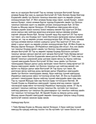 мах нь үл идэгдэх болтугай! Тэр нь галаар түлэгдэх болтугай! Зүгээр
аливаа бузар бус мах нь идэгдэх болтугай! 20 Тийн боловч бузар биетээр
Ехувагийн эвийн тул болсон тахилын махнаас идэгч нь өөрийн улсаас
хоосруулагдах буй. 21 Жич аливаа бузар юмд гэвэл, хүний бузарт, эсвэл
малын бузарт, эсвэл аливаа буртаг хүрээд Ехувагийн эвийн тул болсон
тахилын махнаас идэгч нь өөрийн улсаас хоосруулагдах буй. 22 Бас
Ехува нь Мошид зарлиг болруун; 23 Израйлын хөвгүүдэд ийн өгүүл;
Аливаа үхрийн эсвэл хонины эсвэл ямааны өөхийг бүү идэгтүн! 24 Бас
үхсэн малын өөх хийгээд араатанд алагдсан малын өөхөөр аливаа
хэргийг үйлдэж болох буй. Зүгээр түүнийг яруу бүү идэгтүн! 25 Тэр юуны
тул гэвэл, аль хэн Ехувад галт тахил болгогдон өргөгдсөн малын өөхийг
идвээс эл, тэр нь өөрийн улсаас хоосруулагдах буй. 26 Бас таныг аливаа
нутгууд аливаа малын эсвээс шувууны цусыг бүү идэгтүн! 27 Аль хэн
ямар ч цусыг идэгч нь өөрийн улсаас хоосруулагдах буй. 28 Жич Ехува нь
Мошид зарлиг болруун; 29 Израйлын хөвгүүдэд ийн өгүүл. Аль хэн эвийн
тул тахилыг Ехувад өргөгч эвийн тул болсон тахилуудаасаа Ехувад
авчрах болтугай! 30 Тэр нь өөрийн гараар Ехувад болгосон шатаалт
тахилыг авчирч өвчүүл өөхтэй сэлт авчрах болтугай! Тийн бөгөөд өвчүүг
дэлгэгдэх тахил болгон Ехувагийн өмнө дэлгэх болтугай! 31 Тийн лам нь
өөхийг тахилын ширээний дээр шатааж харин өвчүү нь Аруны хийгээд
түүний хөвгүүдийн болох болтугай! 32 Бас таны эвийн тул болсон
тахилуудаас баруун далыг дээш өргөгдөх тахил болгон ламд өргөгтүн! 33
Аруны хөвгүүдээс эвийн тул болсон тахилын цус хийгээд өөхийг хэн
өргөгч нь баруун далыг авах болтугай! 34 Тэр юуны тул гэвэл, би
дэлгэгдэх өвчүү хийгээд дээш өргөгдөх далыг Израйлын хөвгүүдийн
эвийн тул болсон тахилуудаас аваад, Арун хийгээд түүний хөвгүүдэд
Израйлын хөвгүүнээс мөнх тогтоолоор өгсөн буй. 35 Энэ нь Ехувагийн
шатаалт тахилуудаас Аруны хийгээд түүний хөвгүүдийн авах хувь мөн.
Тэр нь тэдний Жахуда лам нар болсон өдөр тогтоогдсон бөлгөө. 36
Үүнийг Ехува нь Израйлын хөвгүүдийг тэдэнд өгөгчид хэмээн тэдний
таслагдсан өдөр мөнх тогтоолоор Израйлын төрлүүдэд захив. 37 Эд нь
шатаалт тахилын хийгээд талхан тахилын ба, нүглийн тул тахилын
хийгээд давсаны тул тахилын ба даалгаварын тул тахилын хийгээд эвийн
тул тахилын тогтоолууд буй. 38 Эднийг Ехува нь Шиуна уулны дээр
Мошид захиж Израйл хөвгүүдийг өөрийн тахилуудыг Шиуна говьд Ехувад
өргөтүгэй! хэмээн захисан өдөр захив.

Наймдугаар бүлэг.

1 Тийн бөгөөд Ехува нь Мошид зарлиг болруун; 2 Арун хийгээд түүний
хөвгүүд ба хувцад хийгээд тослох тос ба нүглийн тул тахил босох нэг шар
 