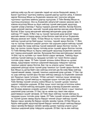 хийгээд хоёр хуц ба нэг сувагийн төдий нэг иссэн боорцгийг аваад, 3
Бүхэл чуулганыг чуулганы майхны үүдний дэргэд чуулган үйлд. 4 хэмээн
зарлиг болсонд Моши нь Ехувагийн захисан мэт түүнчлэн үйлдэж
чуулганыг чуулганы майхны дэргэд чуулуулав. 5 Тийн бөгөөд Моши нь
чуулганд өгүүлрүүн; Энэ нь Ехувагийн үйлдтүгэй! хэмээн захисан мөн. 6
хэмээн өгүүлээд Моши нь Арун хийгээд түүний хөвгүүдийг ирүүлээд,
тэднийг усаар угаагаад 7 Арунд тодорох дээлийг өмсгөж, бүсээр бүсэлж,
дээрх дээлийг өмсгөж, жинчийг түүний дээр өмсгөж жинчид уясан бүсээр
бүслэв. 8 Бас түүнд өвчүүвчийг өмсгөөд өвчүүвчийн дээр үрим
хийгээд ??? гадав. 9 Жич тэр нь түүний тэргүүний дээр малгайг тавьж
малгайн өмнөх этгээдэд ариун титэм болсон хавтгай алтыг Ехувагийн
Мошид захисан мэт тавив. 10 Бас Моши нь тослох тосыг аваад сүмийг
хийгээд түүний дотор байгчуудыг тослоод, тэднийг ариун болгов. 11 Жич
тэр нь түүгээр тахилын ширээг долоон таа шүршиж ширээ хийгээд түүний
хамаг савас ба газар хийгээд түүний хавхагийг ариун болгож тослов. 12
Бас тэр тослох тосоос Аруны толгойд асган түүнийг ариун болгож тослов.
13 Тийн бөгөөд Моши нь Аруны хөвгүүдийг ирүүлээд Ехувагийн захисан
мэт тэдэнд дээлүүдийг өмсгөж, бүсүүдээр бүслээд малгайнуудыг өмсгөв.
14 БАс тэр нь нүглийн тул тахил болох шарыг авчирав. Тийнхүү Арун
хийгээд түүний хөвгүүд нь гаруудаа нүглийн тул тахил болох шарын
толгойн дээр тавив. 15 Тийн түүнийг алсаны хойно Моши нь цусаас
аваад, хуруугаараа тахилын ширээний өврүүдэд тойруулж түрхээд
тахилын ширээг ариун болгов. Бас тэр нь үлдсэн цусыг тахилын
ширээний доогуур асган түүний дээр тахихын тул түнийг ариун болгов. 16
Бас Моши нь дотор байгч өөх хийгээд элэгний цөс ба хоёр бөөр хийгээд
тэдний өөхийг аваад, тэднийг тахилын ширээний дээр шатаав. 17 Бас тэр
нь шар хийгээд түүний арьс ба мах хийгээд савсууд нь Ехувагийн захисан
мэт буудлын гадна түлэгдэв. 18 Бас шатаалт тахилын хуцыг авчирсанд
Арун хийгээд түүний хөвгүүд нь гаруудаа хуцын толгойн дээр тавив. 19
Тийн бөгөөд түүнийг алсаны хойно Моши нь түүнийг цусаас тахилын
ширээг тойруулан шүршив. 20 Бас хуцыг хэсэг хэсгээр огтолсоны хойно
Моши нь толгой хийгээд хөлүүдийн усаар угаагаад Ехувагийн захисан
мэт Ехувад амархан үнэрийн шатаалт тахил болгон бүхэл х уцыг тахилын
ширээний дээр шатаав. 21 Бас тэр нь нөгөө хуц гэвэл лам нарын
даалгаварын хуцийг авчирав. 22 Тийн Арун хийгээд түүний хөвгүүд нь
гаруудаа хуцны толгойн дээр тавив. 23 Тийн түүнийг алсаны хойно Моши
нь түүний цусаас аваад Аруны баруун чихний үзүүрт хийгээд түүний
баруун гарын эрхийд ба баруун хөлийн эрхийд түрхэв. 24 Бас Моши нь
Аруны хөвгүүдийг ирүүлээдтэдний баруун чихний үзүүрт хийгээд баруун
гарын эрхийд ба баруун хөлийн эрхийд цусаас түрхээд үлдсэн цусыг
тахилын ширээний дээр тойруулж шүршив. 25 Бас тэр нь өөх хийгээд
 