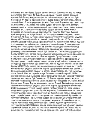 9 Хэрвээ аль хэн бузар бусраг өвчинт болсон болвоос эл, тэр нь ламд
ирүүлэгдэх болтугай! 10 Тийн бөгөөд ламын үзэхэд хэрвээ арьсанд
цагаан буй бөгөөд хавдар нь арьсыг цайлган хавдарт үхсэн мах буй
бөгөөс эл. 11 Тэр нь арьсанд хуучин бузар бусраг өвчин болой. Лам нь
түүний бузар болгон үхүүлээд, үл хаах болтугай! Тэр юуны тул гэвэл, тэр
нь бузар мөн. 12 Хэрвээ тэр бузар бусраг өвчин нь арьсанд дэлгэрч,
ламын хаана ч үзэхэд өвчинд хүний тэргүүнээс хөл хүртэл хамаг арьсыг
бүрхвээс эл. 13 Ламын үзэхэд бузар бусраг өвчин нь хамаг махыг
бүрхвээс эл, түүний өвчний ариун болгон үхүүлэх болтугай! Түүний
цайсны тул тэр нь ариун болой. 14 Зүгээр үхсэн мах үзэгдвээс тэр нь
бузар буй. 15 Лам нь үхсэн махыг үзүүлэн түүнийг бузар болгон үхүүлэх
болтугай! Тэр нь бузар бусар мөний тул бузар болой. 16 Үхсэн махны
хувилж цайхад тэр нь ламд ирэх болтугай! 17 Тийн бөгөөд ламын түүнийг
үзэхэд өвчин нь цайваас эл, лам нь тэр өвчний ариун болгон үхүүлэх
болтугай! Тэр нь ариун болов. 18 Биеийн арьсанд хатигийн болсонд
хатигийн эдгээсний хойно 19 Хатигийн оронд цагаан хавдар эсвэл
улаавтар цагаан гялбаат тэмдэг буй бөгөөс эл. Тэр нь ламд үзүүлэгдэх
болтугай! 20 Тийн бөгөөд ламын түүнийг үзэхэд хэрвээ тэр нь арьсаас гүн
үзэгдэж үгийг цайлгаваас эл. Лам нь түүнийг бузар болгон үхүүлэх
болтугай! Тэр нь бузар бусраг өвчин болоод хатигийн оронд гарав. 21
Зүгээр хэрвээ түүнийг ламын үзэхэд цагаан үсгүй хийгээд арьсаас доош
эс хүрээд, харавтархан буй бөгөөс эл, лам нь түүнийг долоон хоног хаах
болтугай! 22 Тийн хэрвээ тэр нь арьсанд дэлгэрвээс эл, лам нь түүнийг
бузар болгон үхүүлэх болтугай! Тэр нь бузар бусраг өвчин мөн болой. 23
Зүгээр хэрвээ гялбаат тэмдэг нь зогсон эс дэлгэрвээс эл, Тэр нь халуун
хатиг болой. Лам нь түүнийг ариун болгон үхүүлэх болтугай! 24 Бас
хэрвээ махны арьс нь галаар хамаг бөгөөд тэр хольсон маханд улаавтар
эсвэл цагаан тэмдэг буй бөгөөс эл, 25 Ламын түүнийг үзэхэд хэрвээ
гялбаат тэмдгийн дээр үс нь цайж арьсаас гүн үзэгдвээс эл, Тэр нь бузар
бусраг мөн болов. Тэр нь халсанаас гарсан болой. Тиймийн тул лам нь
түүнийг бузар болгон үхүүлэх болтугай! Тэр нь бузар бусраг өвчин мөн.
26 Зүгээр ламын түүний үзэхэд хэрвээ гялбаат тэмдгийн дээр цагаан
үсгүй хийгээд арьсаас доош бус ба, харавтар болсон болвоос эл, лам нь
түүнийг долоон хоног хаах болтугай! 27 Тийн бгөөөд ламын долдугаар
өдөр түүнийг үзэхэд хэрвээ дэлгэрвээс эл, лам нь түүнийг бузар болгон
үхүүлэх болтугай! Тэр нь бузар бусраг өвчин болой. 28 Зүгээр гялбаат
тэмдэг нь зогсож арьсанд эс дэлгэрвээс, харавтар болсон болвоос эл,
тэр нь халсанаас хавдар болсон буй. Лам нь түүнийг ариун болгон
үхүүлэх болтугай! 29 Хэрвээ аль эр эсвэл эм хүний толгой эсвэл сахалд
зар болох бөгөөс эл, лам нь тэр зарыг үзэх болтугай! 30 Хэрвээ тэр нь
арьснаас гүн үзэгдэх бөгөөд түүний дээр шингэн шар үс буй бөгөөс эл,
 