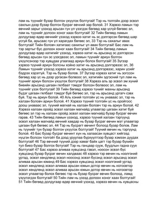 лам нь түүнийг бузар болгон үхүүлэх болтугай! Тэр нь толгойн дээр эсвэл
сахлын дээр бузар болгон бусраг өвчний зар болой. 31 Хэрвээ ламын тэр
өвчний зарыг үзэхэд арьсан гүн үл үзэгдэх бөгөөд хар үсгүй бөгөөс эл,
лам нь түүнийг долоон хоног хаах болтугай! 32 Тийн бөгөөд ламын
долдугаар өдөр өвчнийг үзэхэд хэрвээ хатиг нь эс дэлгэрсэн бөгөөд шар
үсгүй ба, арьсаас гүн үл харагдах бөгөөс эл, 33 Тэр нь сахалыг авах
болтугай! Тийн боловч хатигаас сахилыг үл авах болтугай! Бас лам нь
тэр зартыг бус долоон хоног хаах болтугай! 34 Тийн бөгөөд ламын
долдугаар өдөр хатигийг үзэхэд, хэрвээ хатиг нь арьсанд эс дэлгэрсэн
бөгөөд арьсан гүн эс үзэгдвээс эл, ламын түүнийг ариун болгон
үхүүлсэнээр тэр хувцдаа угаагаад ариун болох болтугай! 35 Зүгээр
хэрвээ түүний ариун болсны хойно хатиг нь арьсанд дэлгэрвээс эл, 36
Ламын түүнийг үзэхэд хэрвээ хатиг нь арьсанд дэлгэрвээс, харин үсийг
бэдрэх хэрэггүй. Тэр нь бузар болов. 37 Зүгээр хэрвээ хатиг нь зогссон
бөгөөд хар үс нь дээр ургасан болвоос эл, хатигийн эдгэсний тул лам нь
түүнийг ариун болсон үхүүлэх болтугай! 38 Хэрвээ аль эр эсвэл эм хүний
биеийн арьсанд цагаан гялбаат тэмдэг болсон болвоос эл, лам нь
түүнийг үзэх болтугай! 39 Тийн бөгөөд хэрвээ түнийг махны арьсанд
бүдэг цагаан гялбаат тэмдэг буй бөгөөс эл, тэр нь арьсанд ургагч сэвх
буй. Тэр нь ариун болой. 40 Аль хэний толгойн үс нь унаваас эл, тэр нь
халзан боловч ариун болой. 41 Хэрвээ түүний толгойн үс нь оройгоос
доош унаваас эл, түүний магнай нь халзан боловч тэр нь ариун болой. 42
Хэрвээ халзан оройд эсвэл халзан магнайд улаавтар цагаан хатиг буй
бөгөөс эл тэр нь халзан оройд эсвэл халзан магнайд бузар бусраг өвчин
гарав. 43 Тийн бөгөөд ламын үзэхэд, хэрвээ түүний халзан тэргүүнд
эсвэл халзан магнайд өвчний хавдар нь бузар бусраг өвчин мэт улаавтар
цагаан буй бөгөөс эл. 44 Тэр нь бусрагт өвчинт болоод бузар болов. Лам
нь түүнийг тун бузар болгон үхүүлэх болтугай! Түүний өвчин нь тэргүүнд
болой. 45 Бас бузар бусраг өвчинт хүн нь халаасан хувцаст хийгээд
нүцгэн болсон толгойт ба дээд уруулаа бүрхүүлтээр бузар хэмээн дуудах
болтугай! 46 Тэр өвчний түүний дээр хамаг байх цагт тэр бузар бүхийн
тул биеэ бузар болгох ботугай! Тэр нь ганцаар сууж, буудлын гадна суух
болтугай! 47 Бас хэрвээ аливаа хувцсанд гэвэл, ноосон эсвэл бүс
хувцсанд бузар бусраг өвчин халдваас 48 хэрвээ тэр өвчин нь нээлгэний
уртад, эсвэл хөндлөнд эсвэл ноосонд эсвэл бүсэнд эсвэл арьсанд эсвэл
аливаа арьсан юманд 49 Бас хэрвээ хувцсанд эсвэл нээлгэний уртад
эсвэл хөндлөнд эсвэл аливаа арьсан юмын дотор өвчин нь ногоовтор
эсвэл хөндлөнд эсвэл аливаа арьсан юмын дотор өвчин нь ногоовтор
эсвэл улаавтар болох бөгөөс тэр нь бузар бусраг өвчин болоод, ламд
үзүүлэгдэх болтугай! 50 Тийн лам нь үзээд долоон хоног хаах болтугай!
51 Тийн бөгөөд долдугаар өдөр өвчний үзэхэд, хэрвээ өвчин нь хувцасны
 