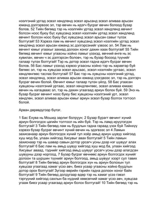 нээлгэний уртад эсвэл хөндлөнд эсвэл арьсанд эсвэл аливаа арьсан
юманд дэлгэрвээс эл, тэр өвчин нь идэгч бусраг өвчин болоод бузар
болов. 52 Тийн бөгөөд тэр нь нээлгийн уртад эсвэл хөндлөнд өвчинт
болсон ноос буюу бүс хувцсанд эсвэл нээлгийн уртад эсвэл хөндлөнд
өвчинт болсон ноос буюу бүс хувцсанд эсвэл арьсан савыг түлэх
болтугай! 53 Хэрвээ лам нь өвчинт хувцсанд эсвэл нээлгийн уртад эсвэл
хөндлөнд эсвэл арьсан юманд эс дэлгэрсэнийг үзвээс эл. 54 Лам нь
өвчинт юмыг угаахыг захиад долоон хоног дахин хаах болтугай! 55 Тийн
бөгөөд өвчинт юмыг угаасны хойно ламыг үзэхэд, өвчний өнгө нь эс
хувилан, өвчин ч эс дэлгэрсэн боловч, тэр нь бузар босоод түүнийг
галаар түлэх болтугай! Тэр нь дотор эсвэл гадна идэгч бусраг өвчин
болов. 56 Бас ламыг үзэхэд хэрвээ угаасны хойно тэр нь харавтар буй
бөгөөс эл, тэр нь хувцсаа эсвэл арьсаас, эсвэл нээлгийн уртаас, эсвэл
хөндлөнгөөс таслах болтугай! 57 Бас тэр нь хувцсны нээлгэний уртад,
эсвэл хөндлөнд, эсвэл аливаа арьсан юманд үзэгдвээс эл, тэр нь дэлгэрч
бусраг өвчин болой. Өвчинт юмыг галаар түлэн үйлд. 58 Бас угаасан
хувцасны нээлгэний уртаас, эсвэл хөндлөнгөөс, эсвэл аливаа юмаас
өвчин нь хагацваас эл, тэр нь дахин угаагаад ариун болох буй. 59 Энэ нь
бузар бусраг өвчинт ноос буюу бөс хувцасны нээлгэний урт, эсвэл
хөндлөн, эсвэл аливаа арьсан юмыг ариун эсвэл бузар болгох тогтоол
болой.

Арван дөрөвдүгээр бүлэг.

1 Бас Ехува нь Мошид зарлиг болруун; 2 Бузар бурагт өвчинт хүний
ариун болгогдох цагийн толтоол нь ийн буй. Тэр нь ламд ирүүлэгдэх
болтугай! 3 Тийн бөгөөд лам нь буудлын гадна гараад үзэх буй Тийнхүү
хэрвээ бузар бусраг өвчинт хүний өвчин нь эдэгвээс эл 4 Ламын
захисанаар ариун болгогдох хүний тул хоёр амьд ариун шувуу хийгээд
хуш мод ба, улаан хийгээд Хисувыг авах болтугай! 5 Тийн ламын
захиснаар тэр нь шавар савын дотор урсагч усны дээр нэг шувууг алах
болтугай! 6 Бас лам нь амьд шувуу хийгээд хуш мод ба, улаан хийгээд
Хисувыг аваад, тэднийг хийгээд амьд шувууг урсагч усны дээр алагдсан
шувууны дээр норгоод, 7 Бузар бусраг өвчнөөс ариун болгогдох хүнийг
долоон та шүршин түүнийг ариун болгоод, амьд шувууг хээрт сул тавих
болтугай! 8 Тийн бөгөөд ариун болгогдох хүн нь ариун болохын тул
хувцсаа угаагаад хамаг үсээ авч, биеэ усаар угаасны хойно буудлын
дотор орох болтугай! Зүгээр өөрийн гэрийн гадна долоон хоног байх
болтугай! 9 Тийн бөгөөд долдугаар өдөр тэр нь хамаг үсээ гэвэл
тэргүүний хийгээд сахлын ба нүдний хөмсөгний хамаг үсээ авч, хувцсаа
угааж биеэ усаар угаагаад ариун болох болтугай! 10 Тийн бөгөөд тэр нь
 