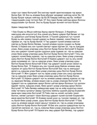 хээрт сул тавих болтугай! Энэ мэтээр гэрийг арилгаснаараа тэр ариун
болох буй. 54 Энэ нь аливаа буза рбусраг халдварт хийгээд хатиг ба, 55
Бузар бусраг хувцас хийгээд гэр ба 56 Хавдар хийгээд зар ба, гялбаат
тэмдэгүүдийн учир тогтоол буй. 57 Энэ гэвэл бузар хийгээд ариун болсны
мэдүүлэхийн тул болой. Энэ нь бузар бусраг өьчний тогтоол болой.

Арван тавдугаар бүлэг.

1 Бас Ехува нь Моши хийгээд Арунд зарлиг болруун; 2 Израйлын
хөвгүүдэд ийн өгүүлэгтүн! Аль хэний аль биеэс цуврал буй бөгөөс эл тэр
нь цувралын шалтагаар бузар болой. 3 Түүний цувралын тул түүний
бузар нь ийн хэрвээ түүний цуврал нь биеэс гарваас, эсвэл биеэс эс
гарваас эл, тэр нь бузар болой. 4 Тэр цувралт хүний аливаа хэвтсэн
хэвтэр нь бузар болох бөгөөд, түүний аливаа суусан суудал нь бузар
болов. 5 Хэрвээ аль хэн түүний хэвтэрт гараа хүргэвч эл, тэр нь хувцдаа
угаан, биеэ усаар угаагаад үзэш болтол бузар болох болтугай! 6 Хэрвээ
аль хэн цувралт хүний суусан суудлын дээр сууваас эл, тэр нь хувцсаа
угаан биеэ усаар угаагаад үдэш болтол бузар болох болтугай! 7 Аль хэн
цувралт хүний биед хүрвээс, тэр нь хувцсаа угаан, биеэ усаар угаагаад
үдэш болтол бузар болох болтугай! 8 Хэрвээ цувралт хүн нь аль хэний
дээр нулимваас эл, тэр нь хувцсаа угаан, биеэ усаар угаагаад үдэш
болтол бузар болох болутгай! 9 Бас тэр цувралт хүний унсан эмээл нь
бузар болох буй. 10 Хэрвээ аль хэн түүний доор байсан аливаа юмд
хүрвээс эл үдэш болтол бузар болох болтугай! Бас тэд нь юмнуудыг
өргөгч нь хувцсаа угаан биеэ усаар угаагаад үдэш болтол бузар болох
болтугай! 11 Жич цувралт хүн нь гараа усаар угаан аль хэнд хүргэвээс
тэр нь хувцсаа угаан биеэ усаар угаагаад үдэш болтол бузар болох
болтугай! 12 Хэрвээ цувралт хүн нь аливаа шавар саванд хүрвээс эл тэр
нь эвдэгдэх бөгөөд, аливаа модон сав нь усаар угаагдах болтугай! 13
Цувралт хүн нь цувралаас ариун болох цагтаа ариун болохын тул долоон
өдрийг тоолж, хувцсаа угааж, биеэ урсагч усаар угаагаад ариун болох
болтугай! 14 Тийн бөгөөд наймдугаар өдөр тэр нь хоёр хүүрзгэнэ эсвэл
хоёр тагтааны зулзагыг аваад чуулганы майхны үүдний дэргэд Ехувагийн
өмнө ирж ламд өгөх болтугай! 15 Тийн лам нь нэгийг нүглийн тахил
болгон, нөгөөг шатаалт тахил болгоод цувралт хүний нүглийг Ехувагийн
өмнө арилгах болтугай! 16 Аливаа хүний шүүс нь түүнээс гарваас эл, тэр
нь бүхэл биеэ усаар угааж, үдэш болтол бузар болох болтугай! 17 Бас
шүүс нь аливаа хувцас эсвэл арьсыг тосвоос эл, тэр нь усаар угаагдаад
үдэш болтол бузар болох болтугай! 18 Бас аль шүүсээ цувруулсан хүн нь
гэргийтэй хэвтвээс эл, тэд нь хоёулаа биеэ усаар угаагаад үдэш болтол
бузар болох болтугай! 19 Хэрвээ аль эмд цуврал буй бөгөөд, тэр цуврал
 