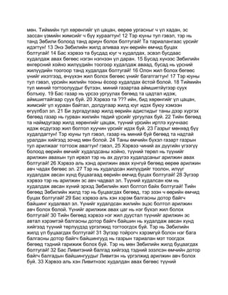 мөн. Тиймийн тул хөрөнгийг үл цацан, өөрөө ургасныг ч үл хадан, эс
зассан үзмийн жимсийг ч бүү хураагтун! 12 Тэр юуны тул гэвэл, тэр нь
танд Зөбили болоод танд ариун болох болтугай! Та тариалангаас үрсийг
идэгтүн! 13 Энэ Зөбилийн жилд аливаа хүн өөрийн өмчид буцах
болтугай! 14 Бас хэрвээ та бусдад юуг ч худалдах, эсвэл бусдаас
худалдаж авах бөгөөс нэгэн нэгнээн үл даран. 15 Бусад хүнээс Зөбилийн
өнгөрсний хойно жилүүдийн тоогоор худалдаж аваад, бусад нь үрсний
жилүүдийн тоогоор танд худалдах болтугай! 16 Олон жил болох бөгөөс
үнийг ихэтгээд, өчүүхэн жил болох бөгөөс үнийг багатгагтун! 17 Тэр юуны
тул гэвэл, үрсийн жилийн тооны ёсоор худалдах ёстой болой. 18 Тиймийн
тул миний тогтоолуудыг бүтээн, миний газартаа аймшиггйүгээр суух
болъюу. 19 Бас газар нь үрсээ ургуулах бөгөөд та цадтал идэж,
аймшигтайгаар суух буй. 20 Хэрвээ та ??? ийн, бид хөрөнгийг үл цацан,
жимсийг үл хураан байтал, долдугаар жилд юуг идэх буюу хэмээн
өгүүлбэл эл. 21 Би зургадугаар жилд өөрийн адистидыг таны дээр хүргэх
бөгөөд газар нь гурван жилийн төдий үрсийг ургуулах буй. 22 Тийн бөгөөд
та наймдугаар жилд хөрөнгийг цацаж, түүний үрсийн иртлэ хуучнаас
идэж есдүгээр жил болтол хуучин үрсийг идэх буй. 23 Газрыг мөнхөд бүү
худалдагтун! Тэр юуны тул гэвэл, газар нь миний буй бөгөөд та надтай
уралдан хийгээд зочид мөн болой. 24 Таны өмчийн бүхэл газарт газрын
тул арилжааг тогтоож авагтун! гэвэл, 25 Хэрвээ чиний ах дүүгийн үгээгүү
болоод өөрийн өмчийг худалдсаны хойно, түүний төрөл нь түүнийг
арилжин авахын тул ирвэл тэр нь ах дүүгээ худалдсаныг арилжин авах
болтугай! 26 Хэрвээ аль хэнд арилжин авах хүнгүй бөгөөд өөрөө арилжин
авч чадах бөгөөс эл. 27 Тэр нь худалдсан жилүүдийг тоолон, илүүг
худалдаж авсан хүнд буцаагаад өөрийн өмчид буцах болтугай! 28 Зүгээр
хэрвээ тэр нь арилжин эс авч чадвал эл. Түүний худалсан юм нь
худалдаж авсан хүний эрхэд Зөбилийн жил болтол байх болтугай! Тийн
бөгөөд Зөбилийн жилд тэр нь буцаагдах бөгөөд, тэр эзэн ч өөрийн өмчид
буцах болтугай! 29 Бас хэрвээ аль хэн хэрэм балгасны дотор байгч
байшинг худалвал эл. Үүнийг худалдсан жилийн эцэс болтол арилжин
авч болох болой. Үүнийг арилжиж авах цаг нь нэг бүхэл жил болох
болтугай! 30 Тийн бөгөөд хэрвээ нэг жил дуустал түүнийг арилжин эс
автал хэрэмтэй балгасны дотор байгч байшин нь худалдаж авсан хүнд
хийгээд түүний төрлүүдэд үргэлжид тогтоогдох буй. Тэр нь Зөбилийн
жилд үл буцаагдах болтугай! 31 Зүгээр тойрогч хэрэмгүй болон нэг бага
балгасны дотор байгч байшингууд нь газрын тариалан мэт тоогдох
бөгөөд тэдний гарижиж болох буй. Тэр нь мөн Зөбилийн жилд буцаагдах
болтугай! 32 Бас Ливитэний балгад хийгээд тэдний эзэлсэн өмчийн дотор
байгч балгадын байшингуудыг Ливитэн нь үргэлжид арилжин авч болох
буй. 33 Хэрвээ аль хэн Ливитнээс худалдан авах бөгөөс түүний
 