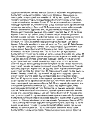 худалдсан байшин хийгээд эзэлсэн балгасыг Зөбилийн жилд буцаагдах
болтугай! Тэр юуны тул гэвэл, Ливитэний балгадын байшингууд нь
хөвгүүдийн дотор тэдний өмч мөн болой. 34 Зүгээр тэдний балгадыг
тойрогч тариалангууд нь үл худалдагдах болтугай! Тэр юуны тул гэвэл,
тэд нь тэдний мөнх өмч мөн болой. 35 Бас хэрвээ чиний ах дүү нар нь
үгээгүүрч ядуурвал эл, түүнийг тэтгэн үйлд. Тийнхүү тэр нь оролт хийгээд
зочин мэт чамтай суух болтугай! 36 Түүнээс илүү төлөөс хийгээдашгийг
бүү ав. Өөр өөрийн бурхнаас айж, ах дүүгээ бие лүгээ суулган үйлд. 37
Мөнгөө илүү төлснөөр түүнд үл өгөн, идээг ч ашгаар бүү өг. 38 Би таны
бурхан болохын тул хийгээ дтанд Ханаван газрыг өгөхийн тул таныг
Египет газраас гаргасан таны Ехува бурхан мөн. 39 Бас хэрвээ чиний ах
дүү нар үгээгүүрээд чамд худалдагдваас эл, түүнийг боол мэт бүү
хөтлүүл. 40 Тэр нь хөлсөлсөн зарц хийгээд чамтай суугч мэт болох
бөгөөд Зөбилийн жил болтол чамтай зарагдах болтугай! 41 Тийн бөгөөд
тэр нь өөрийн хөвгүүдтэй чамаас гарч, гэрдэхүүддээ буцан өөрийн эцэг
нарын өмчид буцах болтугай! 42 Тэр юуны тул гэвэл, тэд нь миний
Египетээс гаргасан боолууд мөн. Тэд нь боол мэт үл худалдагдах
болтугай! 43 Түүнийг чанга ёсоор үл эзлэн, өөрийн бурхнаас айн үйлд. 44
Чамд байх боолууд хийгээд шивэгчид нь гадаад Арунаас автах болтугай!
Тэднээс боолууд хийгээд шивэгчдээ худалдан авагтун! 45 Бас тантай
суугч оролт хийгээд тэдний таны газарт төрүүлсэн үрсээс худалдан
авагтун! Тэд нь таны эдэлбэр болох болтугай! 46 Бас танаас хойно таны
хөвгүүдтэй тэднийг эзлэхийн тул тэдний ч эдэлбэр болгон үйлд. Тэднийг
үргэлжид зарагтун! Харин таны ах дүү нар байгч Израйлын хөвгүүдийг
өөр зуураа чангаар бүү эдэлтүгэй! 47 Хэрвээ оролт эсвэл тантай суугч нь
баяжих бөгөөд түүний ойр суугч чиний ах дүү нь үгээгүүрээд, оролтад
эсвэл тантай суугчид эсвэл түүний төрлүүдэд биеэ худалдан өгсөн
болбол. 48 Худалдагдсаны хойно түүнийг арилжин авч болох буй. Түүний
ах дү нараас нэг нь арилжин авч болох буй. 49 Түүний авга эсвэл авгын
хөвгүүн нь түнийг арилжин авч болох буй. Эсвэл түүний ойр төрлөөс аль
хэн түүнийг арилжин авч болох буй. Хэрвээ тэр өөрөө чадвал, биеэ
арилжин авах болтугай! 50 Тийн бөгөөд тэр нь түүнийг худалдан авсан
хүнтэй, Зөбилийн жи лболтол тоолон, түүнийг арилжих мөнгийг жилийн
ёсоор өгөн, хөлсөлсөн зарцын цаг мэт тоолох болтугай! 51 Хэрвээ олон
жил үлдвэл тэдний ёсоор авсан мөнгөнөөс арилжих мөнгийг буцаан өгөх
болтугай! 52 Зүгээр болсоноор хэрвээ Зөбилийн жил болтол өчүүхэн жил
үлдвэл эл. Жилүүдийн ёсоор арилжих мөнгийг буцаан өгөх болтугай! 53
Тэр нь жилээр хөлсөлсөн зарц мэт тоогдох болтугай! Харин тэр нь чанга
ёсоор чиний өмнө түүнийг үл эзлэх болтугай! 54 Бас хэрвээ тэр нь энэ
мэтээр эс арилжигдвал эл. Тэр нь хөвгүүдтэй Зөбилийн жилд гарах
болтугай! 55 Тэр юуны тул гэвэл, Израйлын хөвгүүд нь миний боолууд
 