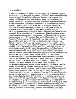 Нэгдүгээр бүлэг

1 Тэдний Египет газраас гарсаны хойно хоёрдугаар жилийн гуравдугаар
сарын анхны өдөр Жахуа нь Шиуна говьд чуулганы майхны дотор Мошид
зарлиг болруун; 2 Израйлын хөвгүүдийн чуулганы хамаг эрсийг овог
овгоор хийгээд тэдний эцэг нарын гэрийн ёсоор хийгээд нэжгээдээр
нэрээр тоологтун! 3 Хорин наснаас дээш Израйлын цэргээр аваачигчдыг
Арун хоёул чуулган чуулганаар тоологтун! 4 Бас аливаа овгоос өөрийн
эцгийн гэрийн тэргүүлэгч болсон нэг нэг хүн нь тантай тоололцох
болтугай! 5 Тантай байх хүмүүсийн нэрс гэвэл, Рубинээс Шидиурын
Иличур хөвгүүн 6 Шимиаугаас Зөричиэтийн Шилумиал хөвгүүн 7
Иудегээс Аммунадунгаас Нэдэшиун хөвгүүн 8 Иесахараас Зуврын Итэнил
хөвгүүн 9 Зэбүлүнээс Химуны Илинав хөвгүүн, 10 Иосифын хөвгүүнээс
гэвэл, Иооиамаас Амидүдын Илисимэ хөвгүүн, Манассигээс Фитэжурын
Кэмэмиэл хөвгүүн 11 Битимилээс Киднунгийн Абитал хөвгүүн 12 Дангаас
Амистийн Атачар хөвгүүн 13 Ашараас Орины Берниал хөвгүүн 14 Хэдээс
Дувилын Иличиф хөвгүүн 15 Навтлайгаас Инали Адира хөвгүүн, эд
болой. 16 Эд нь чуулганы дотор нададан болон өөрийн эцгийн овгийн
ноёд ба Израйлын мянгадыг тэргүүлэгчид бөлгөө. 17 Энэ мэтээр Моши
хийгээд Арун нь эд нэрлэгдсэн хүмүүсийг аваад 18 Хоёрдугаар сарын
анхны өдөр бүхэл чуулганыг чуулуулаад тэдний гэрдэхүүдийн ёсоор
хийгээд эцгийн овгийн ёсоор хорин насаас дээш нэжгээд нэжгээдээр
хийгээд, нэрсийн тоогоор тэдний төрлийг мэдүүлэв. 19 Жахуагийн Мошид
захисан мэт тэр нь Шиуна говьд тэднийг тоолов. 20 Тийн бөгөөд
Израйлын Рубин их хөвгүүний хөвгүүн нь төрлүүдээр хийгээд гэрийн
бүлсээр ба, эцгийн овгоор хийгээд нэрсийн тоогоор нэжгээдээр хорин
настаас дээш болон, цэрэгт явагч бүгдээр гэвэл, 21 Рубинг овгоос
тоологдогсод нь дөрвөн түм зургаан мянга таван зуу бөлгөө. 22
Шиунаиунгын хөвгүүн нь өөрийн төрлүүдээр хийгээд гэрийн бүлсээр ба,
эцгийн овгоор хийгээд нэрсийн тоогоор нэжгээдээр тоологдогсод нь
хорин настаас дээш болон цэрэгт явагч бүгдээр гэвэл, 23 Шилимунингын
овгоос тоологдогсод нь таван түм есөн мянга гурван зуу бөлгөө. 24
Кидний хөвгүүд нь өөрийн төрлүүдээр хийгээд гэрийн бүлсээр ба эцгийн
овгоор хийгээд нэрсийн тоогоор нэжгээдээр хорин настаас дээш болон,
цэрэгт явагч бүгдээр гэвэл, 25 Кидийн овгоос тоологсод нь долоон түм
дөрвөн мянга зургаан зуун тавь бөлгөө. 26 Иудегийн хөвгүүд нь өөрийн
төрлүүдээр хийгээд гэрийн бүлсэээр ба эцгийн овгоор хийгээд нэрсийн
тоогоор нэжгээдээр хорин настаас дээш болон цэрэгт явагч бүгдээр гэвэл
27 Иудегийн овгоос тоологдогсод нь долоон түм дөрвөн мянга зургаан
зуу бөлгөө. 28 Ассахарын хөвгүүд нь өөрийн төрлүүдээр хийгээд гэрийн
бүлсээр ба эцгийн овгоор хийгээд нэрсийн тоогоор нэжгээдээр хорин
 