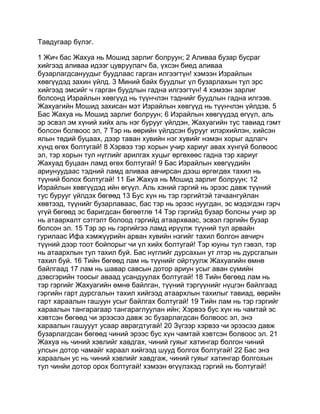Тавдугаар бүлэг.

1 Жич бас Жахуа нь Мошид зарлиг болруун; 2 Аливаа бузар бусраг
хийгээд аливаа идээг цувруулагч ба, үхсэн биед аливаа
бузарлагдсануудыг буудлаас гарган илгээгтүн! хэмээн Израйлын
хөвгүүдэд захин үйлд. 3 Миний байх буудлыг үл бузарлахын тул эрс
хийгээд эмсийг ч гарган буудлын гадна илгээгтүн! 4 хэмээн зарлиг
болсонд Израйлын хөвгүүд нь түүнчлэн тэднийг буудлын гадна илгээв.
Жахуагийн Мошид захисан мэт Израйлын хөвгүүд нь түүнчлэн үйлдэв. 5
Бас Жахуа нь Мошид зарлиг болруун; 6 Израйлын хөвгүүдэд өгүүл, аль
эр эсвэл эм хүний хийх аль нэг бурууг үйлдэн, Жахуагийн тус тавиад гэмт
болсон болвоос эл, 7 Тэр нь өөрийн үйлдсэн бурууг илэрхийлэн, хийсэн
ялын төдий буцаах, дээр таван хувийн нэг хувийг нэмэн хорыг адлагч
хүнд өгөх болтугай! 8 Хэрвээ тэр хорын учир хариуг авах хүнгүй болвоос
эл, тэр хорын тул нүглийг арилгах хуцыг өргөхөөс гадна тэр хариуг
Жахуад буцаан ламд өгөх болтугай! 9 Бас Израйлын хөвгүүдийн
ариунуудаас тэдний ламд аливаа авчирсан дээш өргөгдөх тахил нь
түүний болох болтугай! 11 Би Жахуа нь Мошид зарлиг болруун; 12
Израйлын хөвгүүдэд ийн өгүүл. Аль хэний гэргий нь эрээс давж түүний
тус бурууг үйлдэх бөгөөд 13 Бус хүн нь тэр гэргийтэй тачаангуйлан
хөвтээд, түүнийг бузарлаваас, бас тэр нь эрээс нуугдан, эс мэдэгдэн гэрч
үгүй бөгөөд эс баригдсан бөгөөтлө 14 Тэр гэргийд бузар болсны учир эр
нь атаархалт сэтгэлт болоод гэргийд атаархваас, эсвэл гэргийн бузар
болсон эл. 15 Тэр эр нь гэргийгээ ламд ирүүлж түүний тул арвайн
гурилаас Ифа хэмжүүрийн арван хувийн нэгийг тахил болгон авчирч
түүний дээр тоот бойпорыг чи үл хийх болтугай! Тэр юуны тул гэвэл, тэр
нь атаархлын тул тахил буй. Бас нүглийг дурсахын ут лтэр нь дурсгалын
тахил буй. 16 Тийн бөгөөд лам нь түүнийг ойртуулж Жахуагийн өмнө
байлгаад 17 лам нь шавар савсын дотор ариун усыг аван сүмийн
дэвсгэрийн тоосыг аваад усандуулах болтугай! 18 Тийн бөгөөд лам нь
тэр гэргийг Жахуагийн өмнө байлган, түүний тэргүүнийг нүцгэн байлгаад
гэргийн гарт дурсгалын тахил хийгээд атаархлын тахилыг тавиад, өөрийн
гарт хараалын гашуун усыг байлгах болтугай! 19 Тийн лам нь тэр гэргийг
хараалын тангарагаар тангараглуулан ийн; Хэрвээ бус хүн нь чамтай эс
хэвтсэн бөгөөд чи эрээсээ давж эс бузарлагдсан болвоос эл, энэ
хараалын гашууут усаар аврагдтугай! 20 Зүгээр хэрвээ чи эрээсээ давж
бузарлагдсан бөгөөд чиний эрээс бус хүн чамтай хэвтсэн болвоос эл. 21
Жахуа нь чиний хэвлийг хавдгах, чиний гуяыг хатингар болгон чиний
улсын дотор чамайг хараал хийгээд шууд болгох болтугай! 22 Бас энэ
хараалын ус нь чиний хэвлийг хавдгаж, чиний гуяыг хатингар болгохын
тул чинйи дотор орох болтугай! хэмээн өгүүлэхэд гэргий нь болтугай!
 