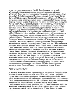 юуны тул гэвэл, тэд нь ариун буй. 38 Өөрийн амины тус нүглийг
үйлдэгсдийн бойпруудаар тахилын ширээг бүрхэх хавтгайнуудыг
үйлдтүгэй! Тэр юуны тул гэвэл, тэд нь Жахуагийн өмнө өргөгдсөний тул
ариун буй. Тийн бөгөөд тэд нь Израйлын хөвгүүдийн тул тэмдэг болох
болтугай! 39 гэж зарлиг болсонд Илияазар лам нь Жахуагийн Мошигоор
түүнд захиснаар галдагдсануудын галыг өргөсөн зэс бойпруудыг аваад,
тэднээр тахилын ширээн бүрхээхийн тул өргөн хавтгайнуудыг болгуулав.
40 Тэр гэвэл, Аруны үрсээс бусад хэн ч Кок хийгээд түүний нөхдүүдтэй
адил үл болохын тул Жахуагийн өмнө ойртож анхилах үнэртнийг бүү
өргөгтүн! хэмээн Израйлын хөвгүүдэд дурсгал болов. 41 Тийн боловч
маргааш өдөр Израйлын хөвгүүдийн хамаг чуулган нь Моши хийгээд
Арунд дургүй болоод, та Жахуагийн улсыг алав гэж өгүүлэв. 42 Тийн
бөгөөд чуулган нь Моши хийгээд Аруны тус чуулаад, чуулганы майхныг
ширтээд үүлний түүнийг бүрхсэн бөгөөд Жахуагийн цог жавхлангийн
үзэгдлийг үзэв. 43 Бас Моши хийгээд Аруны чуулганы майхны өмнө
ирсэнд 44 Жахуа нь тэдэнд зарлиг болруун; 45 Энэ чуулганы дотроос
гарагтун! Тийн бөгөөд би агшин цагийн зуур тэднийг хоосруулах буй
хэмээн зарлиг болсонд тэд нь нүүрээрээ хөсөр унав. 46 Тийн бээр Моши
нь Арунд өгүүлрүүн; Нэг бойпрыг аваад түүний дотор тахилын ширээнээс
галыг хийж анхилах үнэртнийг дээр тавиад чуулганд түргэнээр одоод
тэдний нүглийг арилган үйлд. Тэр юуны тул гэвэл, хилэн нь Жахуагаас
гарсан бөгөөд боом нь хэлсэн буй. 47 гэж өгүүлсэнд Арун нь Мошийн
захиснаар нэг бойпрыг аваад, чуулганы дунд гүйв. Тэнд боом нь улсын
дунд эхэлсэн бөлгөө. Тийн бөгөөд тэр нь бойпрын дээр анхилах
үнэртнийг тавиад улсын нүглийг арилгав. 48 Бас түүний үхэгсэд хийгээд
амьдуудын хооронд зогсон байснаар боом нь зогсов. 49 Энэ мэтээр
Кокийн эсэргүүцлийн учир үхэгсдээс гадна боомоор үхэгсдийн тоо нь
авран дөрвөн мянга долоон зуун бөлгөө. 50 Тийн бөгөөд боомын
зогссоны хойно Арун нь Мошид чуулганы майхны үүдэнд буцав.

Арван долдугаар бүлэг

1 Жич бас Жахуа нь Мошид зарлиг болруун; 2 Израйлын хөвгүүдэд өгүүл.
Тэднээс арван хоёр таягийг аван үйлд гэвэл, овог овгийн тэргүүлэгч
бүрээс нэжгээдийг аваад хүн бүрийн таягийн дээр түүний нэрийг бичин,
үйлд. 3 Жич Ливийн таягийн дээр Аруны нэрийг бичин үйлд. Тэр юуны тул
гэвэл, аливаа овгийн тэргүүлэгчид нэг таяг болох болтугай! 4 Тийн бгөөөд
миний чамтай учралдах оронд чуулганы майхан дотор байгч
гэрчлэлгээний өмнө тэднийг хадгалан үйлд. 5 Тийн бээр миний сонгосон
хүний таяг нь хүлээлгэх буй. Тэр мэт би Израйлын хөвгүүдийн таны тус
дургүйг болиулах буй хэмээн зарлиг болов. 6 Тийн бөгөөд Мошийн
 