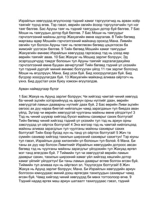 Израйлын хөвгүүдэд өгүүлснээр тэдний хамаг тэргүүлэгчид нь арван хоёр
таягийг түүнд өгөв. Тэр гэвэл, өөрийн овгийн ёсоор тэргүүлэгчийн тул нэг
таяг бөлгөө. Бас Аруны таяг нь тэдний таягуудын дотор буй бөлгөө. 7 Бас
Моши нь таягуудын дотор буй бөлгөө. 7 Бас Моши нь таягуудыг
гэрчлэлгээний майхны дотор Жахуагийн өмнө хадгалав. 8 Тийн бөгөөд
маргааш өдөр Мошийн гэрчлэлгээний майханд ороход Мана. Ливийн
овгийн тул болсон Аруны таяг нь гөлөглөсөн бөгөөд цэцэглэсэн ба
жимсийг үүсгэсэн бөлгөө. 9 Тийн бөгөөд Мошийн хамаг таягуудыг
Жахуагийн өмнөөс Израйлын хөвгүүдэд гаргасанд тэд нь үзээд өөр
өөрийн таягийг авав. 10 Бас Жахуаг нь Мошид зарлиг болруун; Эд
эсэргүүцэгчдэд тэмдэг болохын тул Аруны таягийг хадгалагдахуйяа
гэрчлэлгээний өмнө буцаан авчиртугай! Тийн бөгөөд тэдний үл үхэхийн
тул тэдний дургүйг миний өмнөөс болгуулан үйлд 11 гэж зарлиг болсонд
Моши нь өгүүлрүүн; Мана. Бид үхэх буй. Бид хоосруулагдах буй. Бид
бүгдээр хоосруулагдах буй. 13 Жахуагийн майханд аливаа ойртогч нь
үхнэ. Бид дуустал үхэх буюу хэмээн өгүүлэлдэв.

Арван наймдугаар бүлэг

1 Бас Жахуа нь Арунд зарлиг болруун; Чи хийгээд чамтай чиний хөвгүүд
ба чиний эцгийн хэтэрхийнүүд нь ариун орны нүглийг даан, өөрийн
хөвгүүдтэй ламын дааварны нүглийг даах буй. 2 Бас өөрийн Ливи эцгийн
овгоос ах дүү нараа биетэй нийлэлцэн чамд зарагдахын тул биедээ аван
үйлд. Зүгээр чи өөрийн хөвгүүдтэй чуулганы майхны өмнө үйлдэгтүн! 3
Тэд нь чиний шүүвэр хийгээд бүхэл майхны сахиврыг сахих болтугай!
Тийн бөгөөд чиний хийгээд тэдний үл үхэхийн тул тэд нь ариун орны
зэвсгүүдэд үл ойртох болтугай! 4 Энэ мэтээр тэд нь чамтай нийлэлцээд
майхны аливаа зарагдлын тул чуулганы майхны сахиврыг сахих
болтугай! Тийн бээр бусад хүн нь танд үл ойртох болтугай! 5 Жич та
сүмийн сахивар хийгээд тахилын ширээний сахиврыг сахигтун! Тэр юуны
тул гэвэл, Израйлын дээр хилэнгийн үл болохын тул болой. 6 Мана. Би
таны ах дүү нар болсон Ливитнийг Израйлын хөвгүүдийн дотроос авсан
бөгөөд тэд нь чуулганы майхны зарагдлыг үйлдэхийн тул Жахуад өргөл
мэт танд өгөгдсөн буй. 7 Тиймийн тул чи хөвгүүдтэй өөрийн ламын
дааврыг сахин, тахилын ширээний хамаг үйл хийгээд хөшгийн дотор
хамаг үйлийг үйлдэгтүн! Би таны ламын дааврыг өглөө болгон өгсөн буй.
Тиймийн тул аливаа хүн нь ойртвол эл. Үхүүлэгдэх болтугай! 8 Жич
Жахуа нь Арунд зарлиг болруун; Мана. Би Израйлын хөвгүүдийн ариун
болгосон юмнуудаас миний дээш өргөгдөх тахилуудын сахиврыг чамд
өгсөн буй. Чамд хийгээд чиний хөвгүүдэд би мөнх тогтоолоор өгнө. 9
Тэдний надад өргөх маш ариун шатаалт тахилуудаас гэвэл, тэдний
 