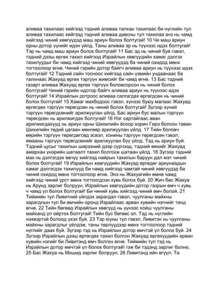 аливаа тахилаас хийгээд тэдний аливаа талхан тахилаас би нүглийн тул
аливаа тахилаас хийгээд тэдний аливаа давсны тул тахилаа энэ нь чамд
хийгээд чиний хөвгүүдэд маш ариун болох болтугай! 10 Чи маш ариун
орны дотор үүнийг идэн үйлд. Таны аливаа эр нь түүнээс идэх болтугай!
Тэр нь чамд маш ариун болох болтугай! 11 Бас эд нь чиний буй гэвэл,
тэдний дээш өргөх тахил хийгээд Израйлын хөвгүүдийн хамаг дэлгэх
тахилуудыг би чамд хийгээд чиний хөвгүүдэд ба чиний охидод мөнх
тогтоолоор өгнө. Чиний гэрийн дотор байгч аливаа ариун нь түүнээс идэх
болтугай! 12 Тэдний сайн тосноос хийгээд сайн үзмийн ундаанаас ба
талхнаас Жахуад өргөх тэргүүн жимсийг би чамд өгнө. 13 Бас тэдний
газарт аливаа Жахуад өргөх тэргүүн боловсорсон нь чиний болох
болтугай! Чиний гэрийн ндотор байгч аливаа ариун нь түүнээс идэх
болтугай! 14 Израйлын дотроос аливаа салгагдах өргөгдсөн нь чиний
болох болтугай! 15 Хамаг махбодоос гэвэл, хүнээс буюу малаас Жахуад
өргөгдөх тэргүүн төрөгдсөн нь чиний болох болтугай! Зүгээр хүний
тэргүүн төрөгдсөнийг арилжуулан үйлд. Бас ариун бус малын тэргүүн
төрөгдсөн нь арилжигдах болтугай! 16 Нэг сартайгаас аван
арилжигдахууд нь ариун орны Шихилийн ёсоор хорин Гирэ болсон таван
Шихилийн төдий цагаан мөнгөөр арилжуулан үйлд. 17 Тийн боловч
өөрийн тэргүүн төрөгдөгсөд эсвэл, хонины тэргүүн төрөгдсөн гэвэл,
ямааны тэргүүн төрөгдсөнийг арилжуулан бүү үйлд. Тэд нь ариун буй.
Тэдний цусыг тахилын ширээний дээр сүрчээд, тэдний өөхийг Жахуад
амархан үнэрийн шатаалт тахил болгохж шатаан үйлд. 18 Зүгээр тэдний
мах нь дэлгэгдэх өвчүү хийгээд найрын тахилын баруун дал мэт чиний
болох болтугай! 19 Израйлын хөвгүүдийн Жахуад өргөдөг ариунаадын
хамаг дэлгэгдэх тахилууд би чамд хийгээд чамтай чиний хөвгүүдэд ба
чиний охидод мөнх тогтоолоор өгнө. Энэ нь Жахуагийн өмнө чамд
хийгээд чиний үрст мөнх тогтоогдсон хувь болох буй. 20 Жич бас Жахуа
нь Арунд зарлиг болруун; Израйлын хөвгүүдийн дотор газрын өмч ч хувь
ч чамд үл болох болтугай! Би чиний хувь хийгээд чиний өмч болой. 21
Тиймийн тул Ливитний үйлдэх зарагдал гэвэл, чуулганы майхны
зарагдлын тул би өмчийн оронд Израйлаас арван хувийн нэгнийг танд
өгнө. 22 Тийн бөгөөд Израйлын хөвгүүд нь үүнээс хойш чуулганы
майханд үл ойртох болтугай! Тийн бус бөгөөс эл. Тэд нь нүглийн
нэхвэртэй болоод үхэх буй. 23 Тэр юуны тул гэвэл, Ливитэн нь чуулганы
майхны зарагдлыг үйлдэж, таны төрлүүдээр мөнх тогтоолоор тэдний
нүглийг даах буй. Зүгээр тэд нь Израйлын дотор өмчтэй үл болох буй. 24
Зүгээр Израйлын дээш өргөгдөх тахил болгон Жахуад өргөхүүдийн арван
хувийн нэгийг би Ливитэнд өмч болгон өгнө. Тиймийн тул тэд нь
Израйлын дотор өмчтэй үл болох болтугай! гэж би тэдэнд зарлиг болно.
25 Бас Жахуа нь Мошид зарлиг болруун; 26 Ливитэнд ийн өгүүл. Та
 